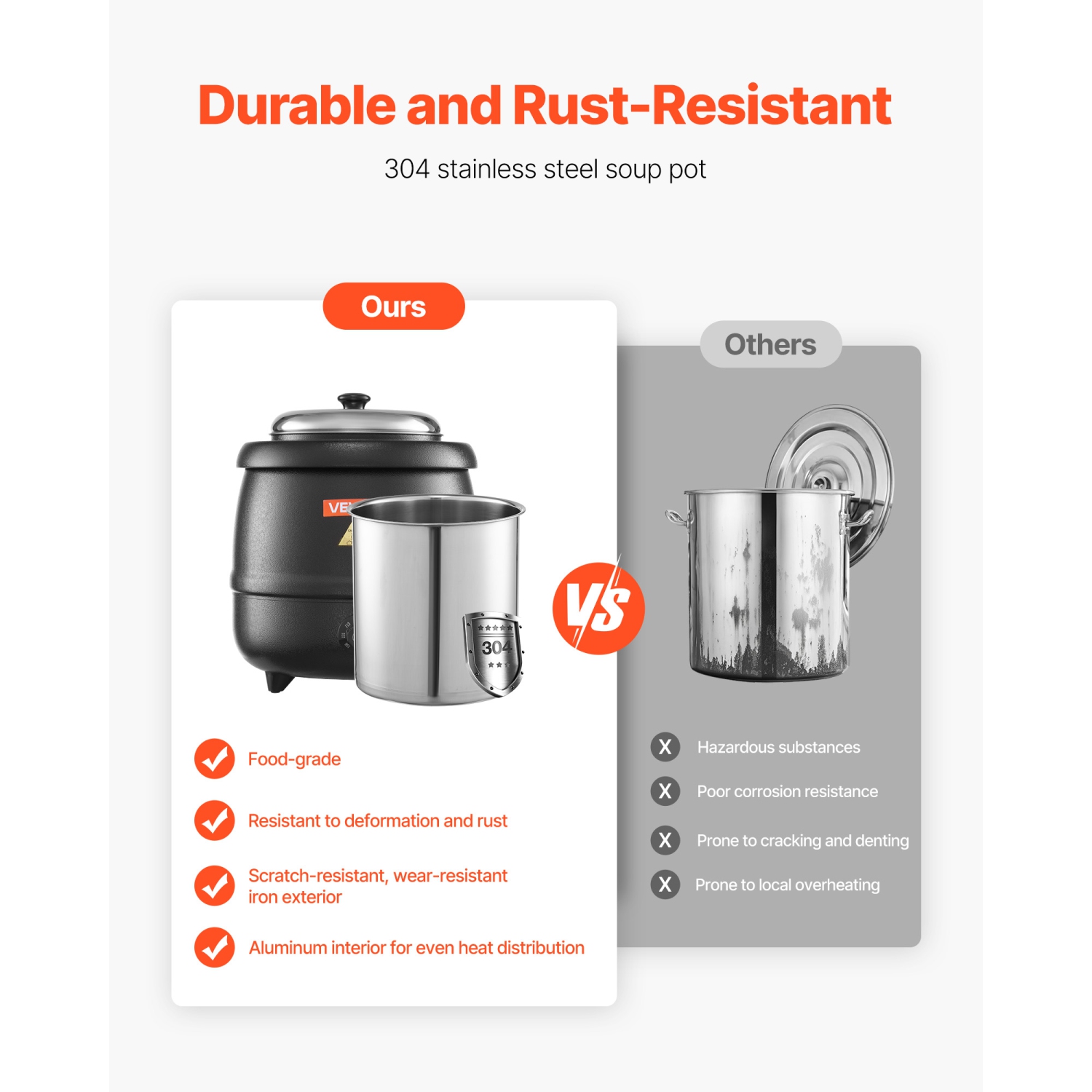 Réchaud à soupe électrique VEVOR de 10 pintes, bouilloire commerciale avec 304 récipient amovible en acier inoxydable, température réglable de 95 ~