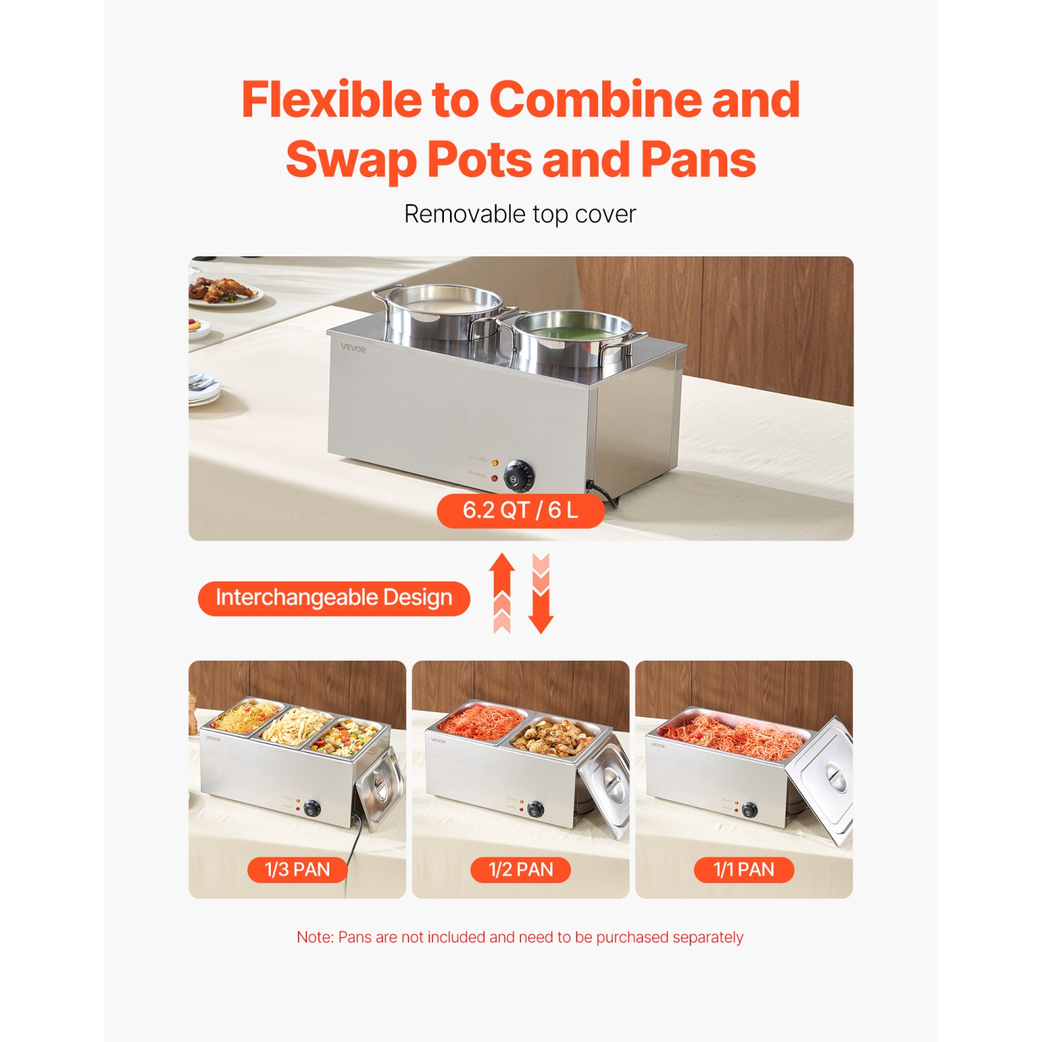 VEVOR 6.34QT Electric Soup Warmer, Two Stainless Steel Round Pot with 86~185°F Adjustable Temp, 1200W Commercial Bain Marie Compatible with Pans,