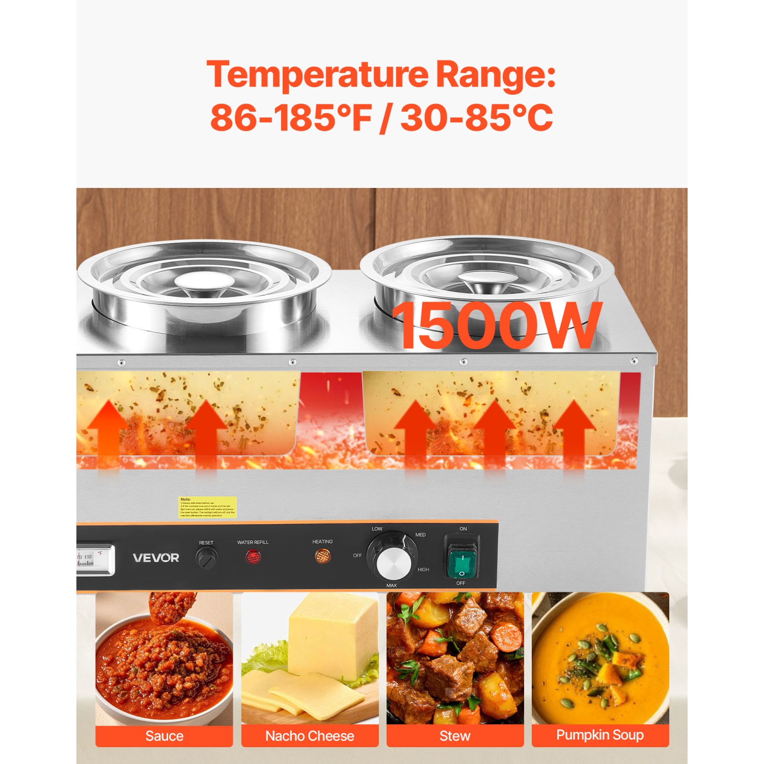 VEVOR 6.34QT Electric Soup Warmer, Three Stainless Steel Round Pot with 86~185°F Adjustable Temp, 1500W Commercial Bain Marie with Anti-dry Burn and