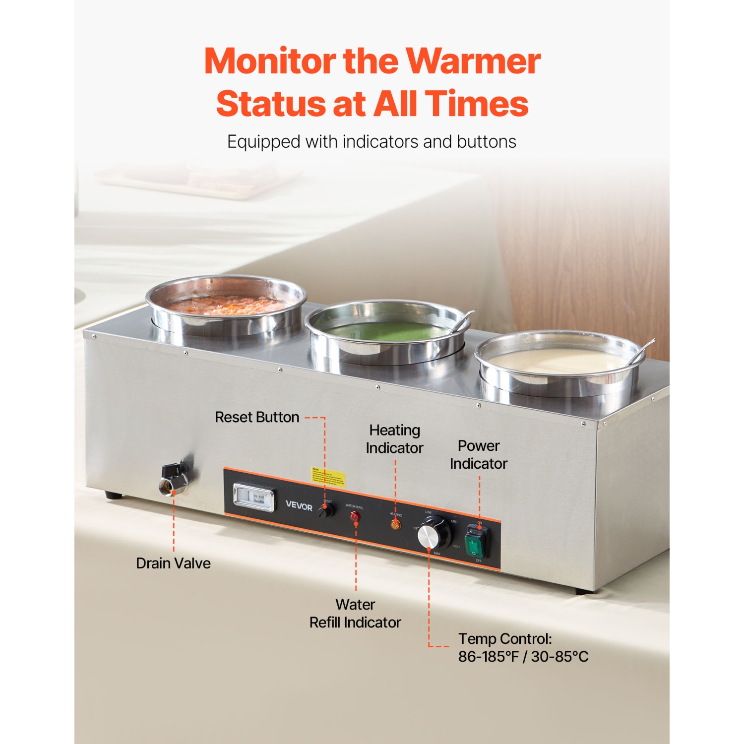 VEVOR 6.34QT Electric Soup Warmer, Three Stainless Steel Round Pot with 86~185°F Adjustable Temp, 1500W Commercial Bain Marie with Anti-dry Burn and