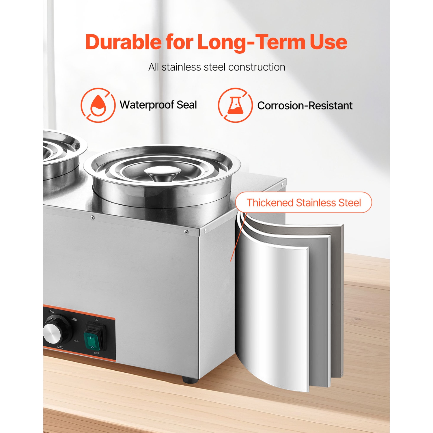 VEVOR 6.34QT Electric Soup Warmer, Three Stainless Steel Round Pot with 86~185°F Adjustable Temp, 1500W Commercial Bain Marie with Anti-dry Burn and