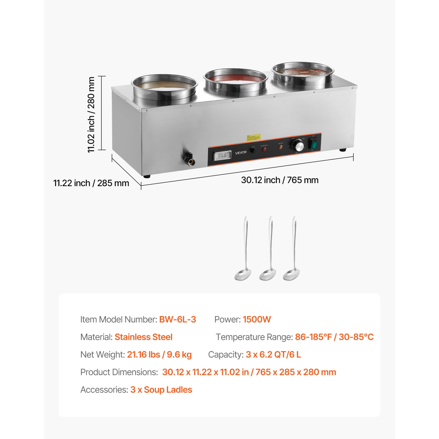 VEVOR 6.34QT Electric Soup Warmer, Three Stainless Steel Round Pot with 86~185°F Adjustable Temp, 1500W Commercial Bain Marie with Anti-dry Burn and
