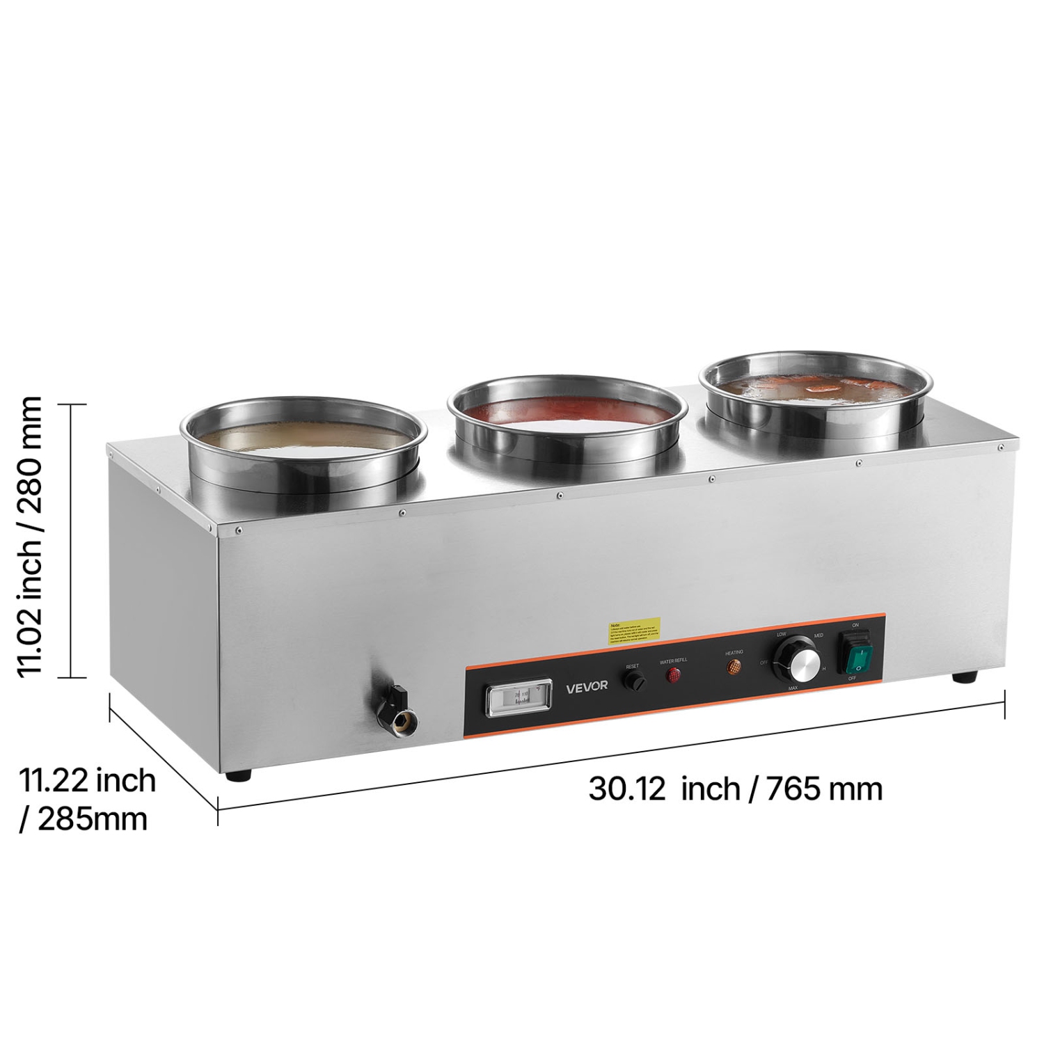 VEVOR 6.34QT Electric Soup Warmer, Three Stainless Steel Round Pot with 86~185°F Adjustable Temp, 1500W Commercial Bain Marie with Anti-dry Burn and