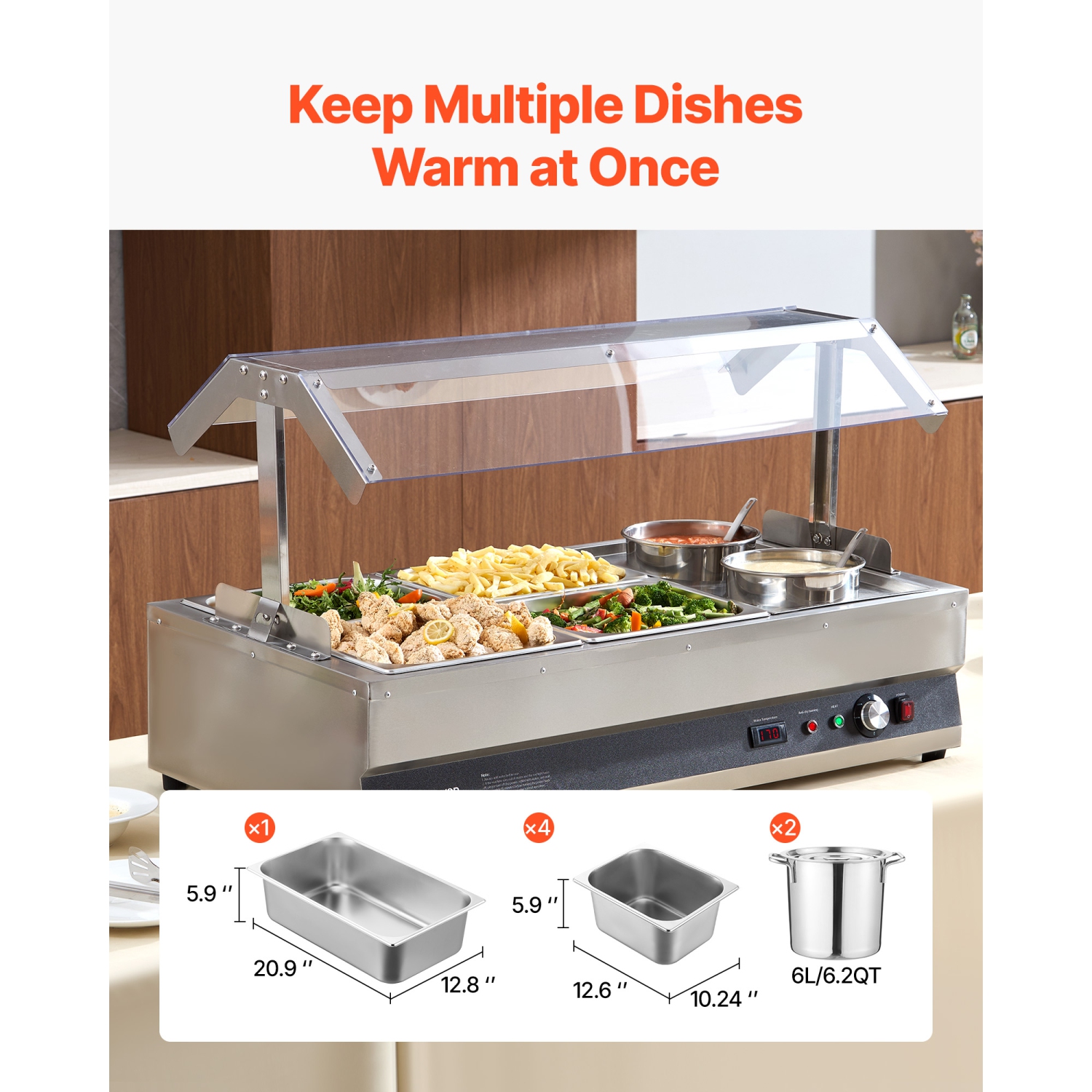 VEVOR 6.34QT Electric Soup Warmer, Two Pots & Four 1/2 Pans, Stainless Steel Commercial Food Warmer with 86~185°F Adjustable Temp, 1500W Bain Marie