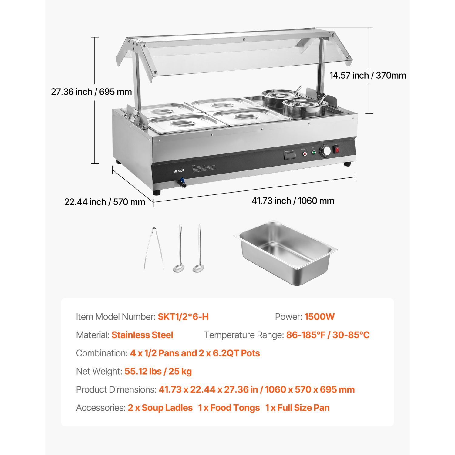 VEVOR 6.34QT Electric Soup Warmer, Two Pots & Four 1/2 Pans, Stainless Steel Commercial Food Warmer with 86~185°F Adjustable Temp, 1500W Bain Marie
