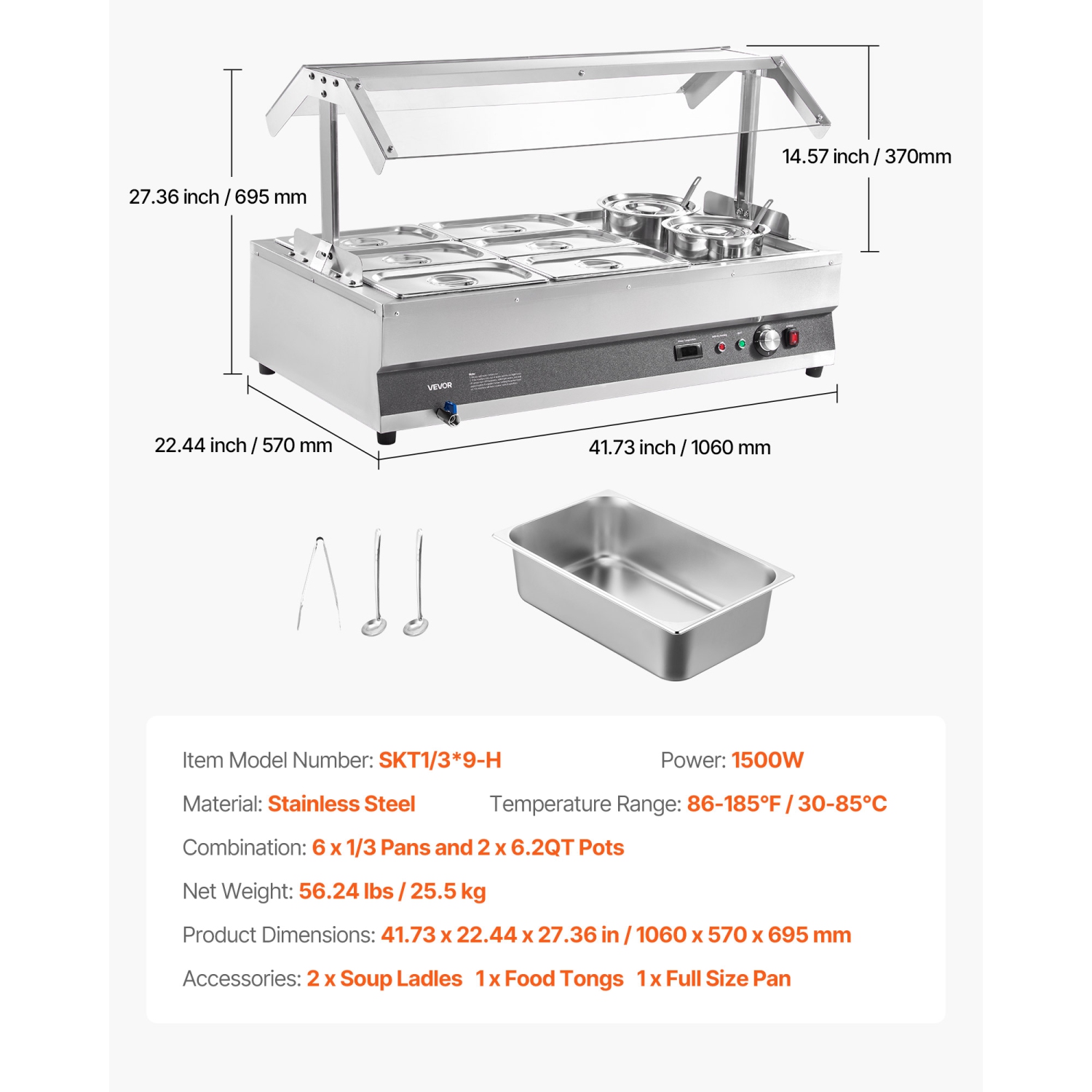 VEVOR 6.34QT Electric Soup Warmer, Two Pots & Six 1/3 Pans, Stainless Steel Commercial Food Warmer with 86~185°F Adjustable Temp, 1500W Bain Marie
