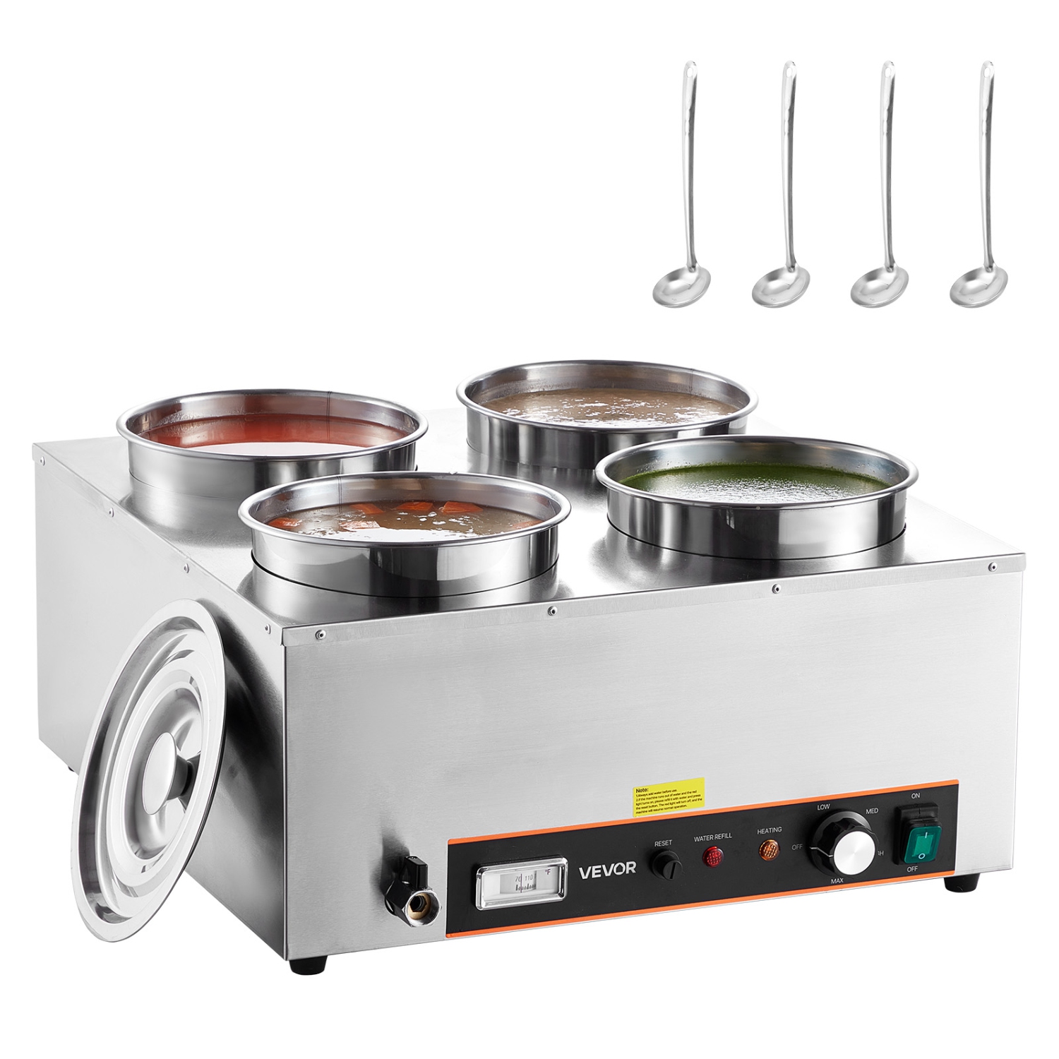 VEVOR 6.34QT Electric Soup Warmer, Four Stainless Steel Round Pot with 86~185°F Adjustable Temp, 1500W Commercial Bain Marie with Anti-dry Burn and