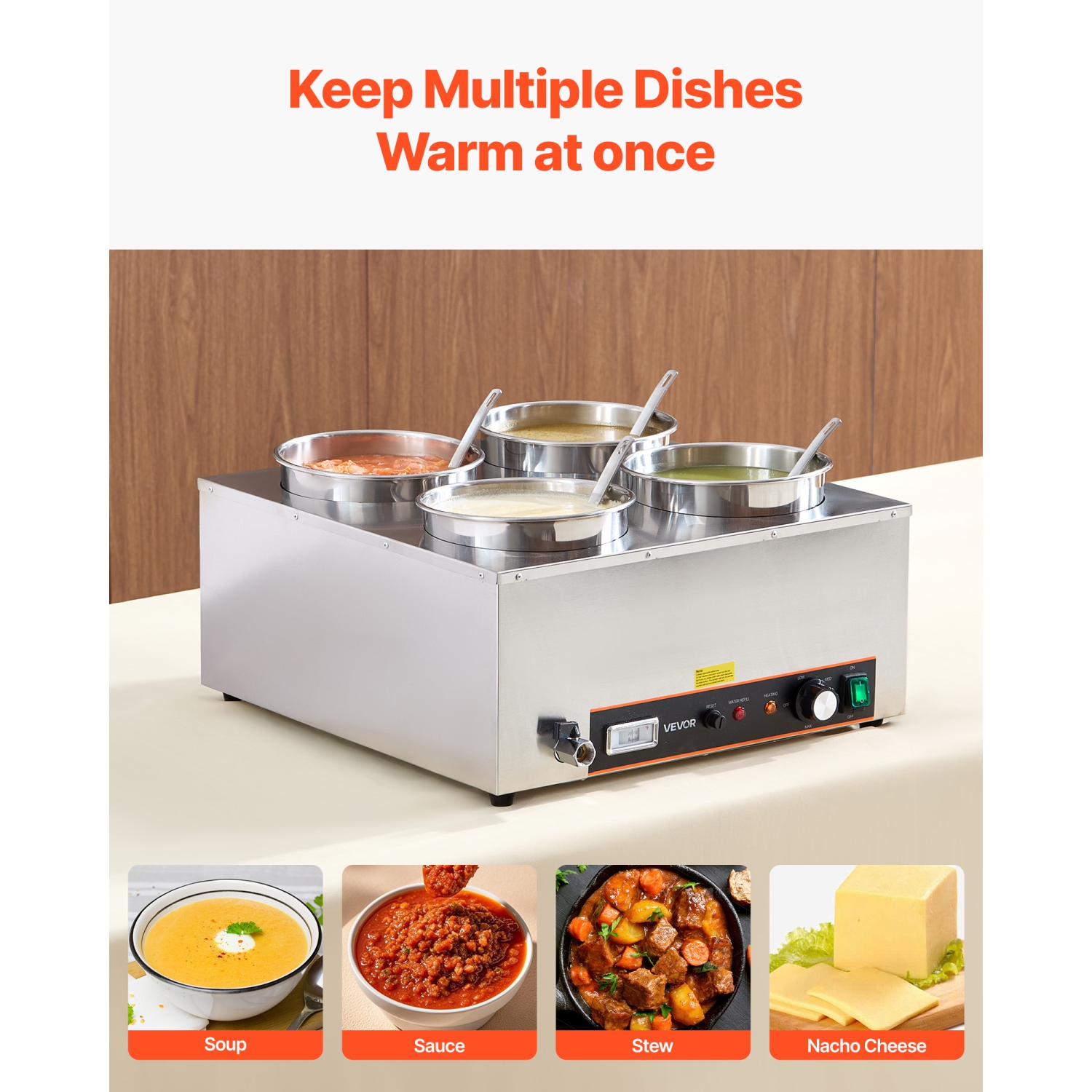 VEVOR 6.34QT Electric Soup Warmer, Four Stainless Steel Round Pot with 86~185°F Adjustable Temp, 1500W Commercial Bain Marie with Anti-dry Burn and