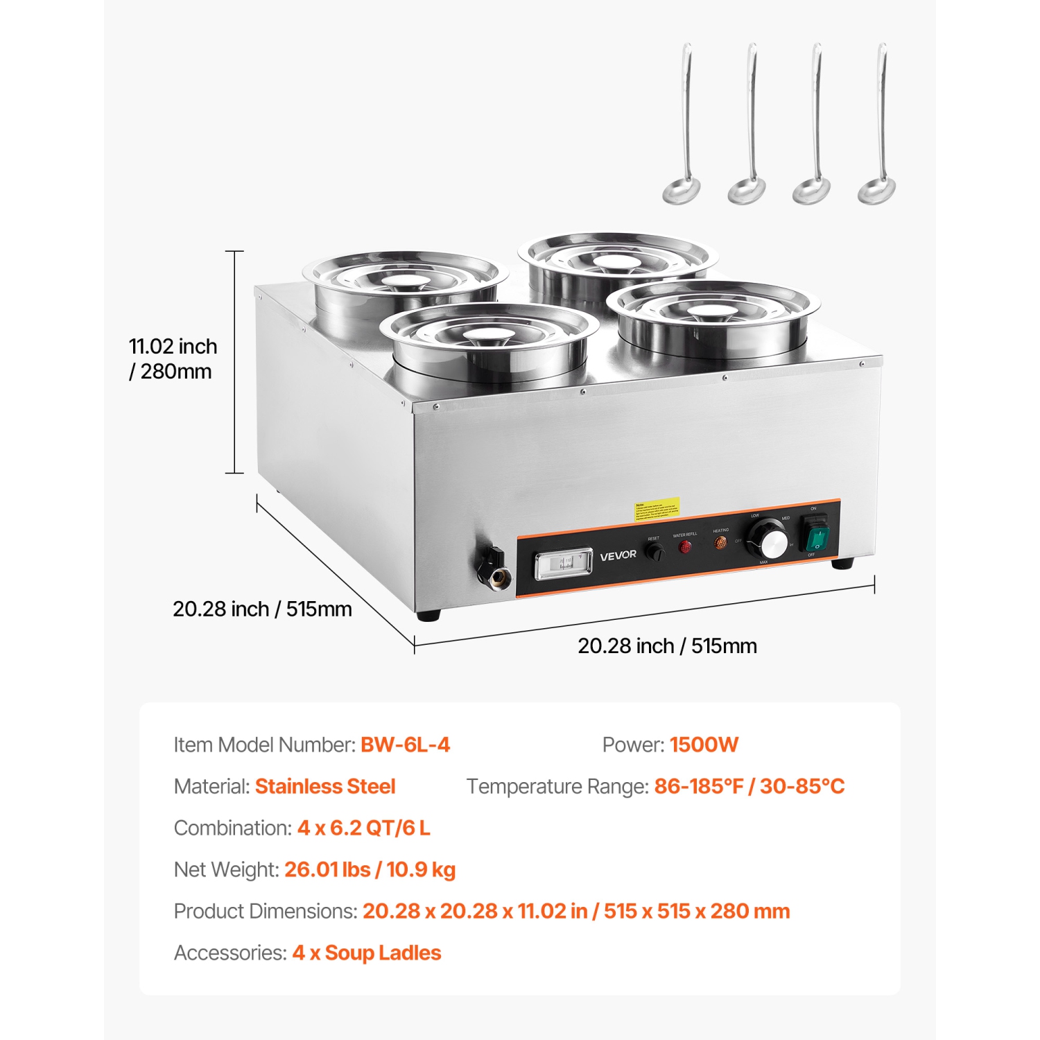 VEVOR 6.34QT Electric Soup Warmer, Four Stainless Steel Round Pot with 86~185°F Adjustable Temp, 1500W Commercial Bain Marie with Anti-dry Burn and