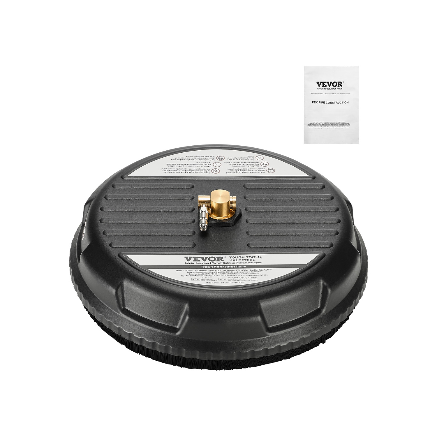 VEVOR 15" Pressure Washer Surface Cleaner, Plastic Attachments with 4-Wheel, 4000 Max PSI, 1/4 Quick Connector, 2 Spray Nozzles, for Driveways, Sidewalks, Patios, Decks, Black