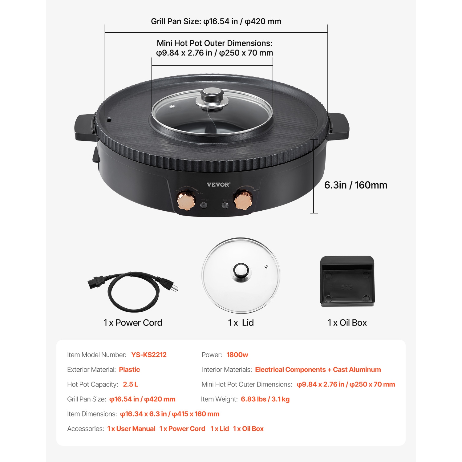 Chauffe-tout 2-en-1 avec gril 1800&nbsp;W de VEVOR, gril électrique sans fumée et chaudron chaud, mijoteuse Shabu Shabu avec deux commandes de