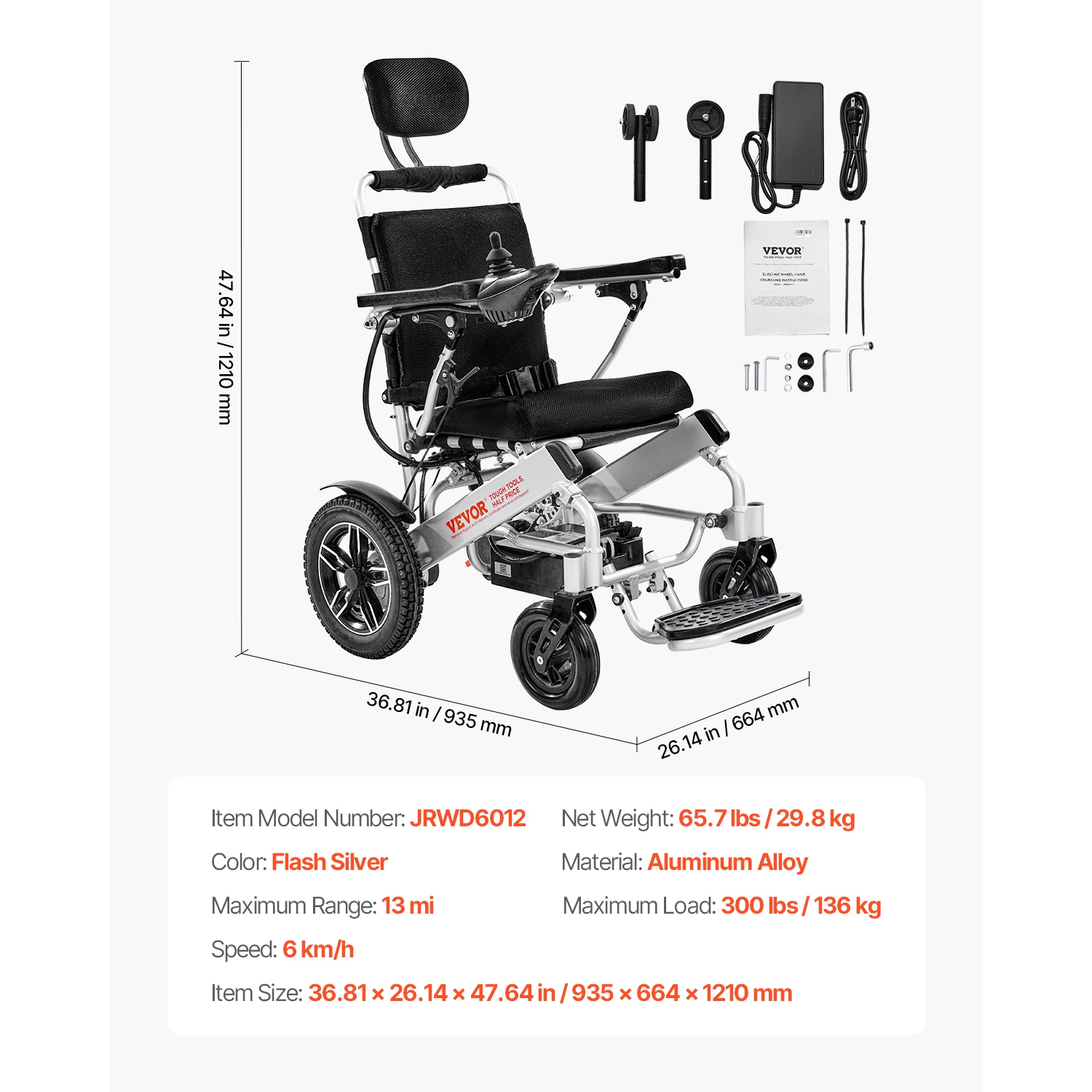 Fauteuil roulant électrique pour adultes avec capacité VEVOR 300 lb, dossier réglable, fauteuil roulant motorisé pliable et léger, portée de