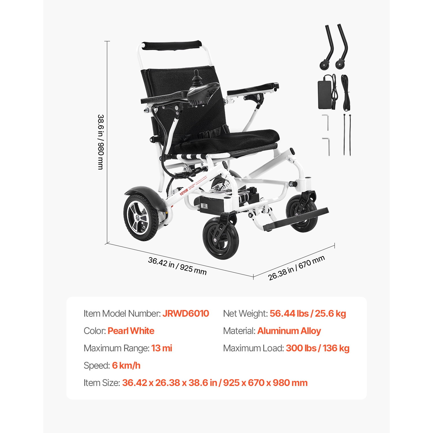 Fauteuil roulant électrique avec capacité VEVOR 300&nbsp;lb pour adultes, fauteuil roulant motorisé pliable et léger, longue portée de 13&nbsp;km,