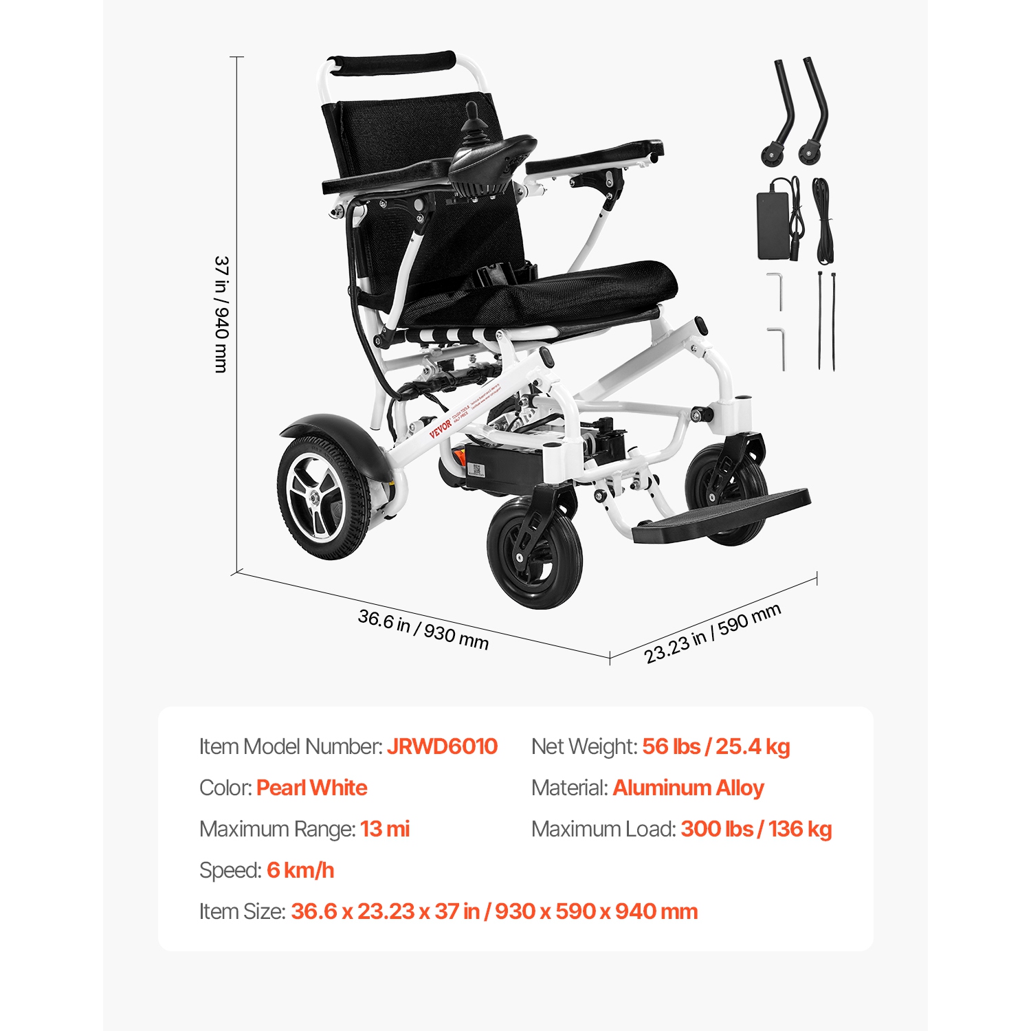Fauteuil roulant électrique à capacité VEVOR 300&nbsp;lb pour adultes, fauteuil roulant motorisé pliable et léger, longue portée de 13&nbsp;km,