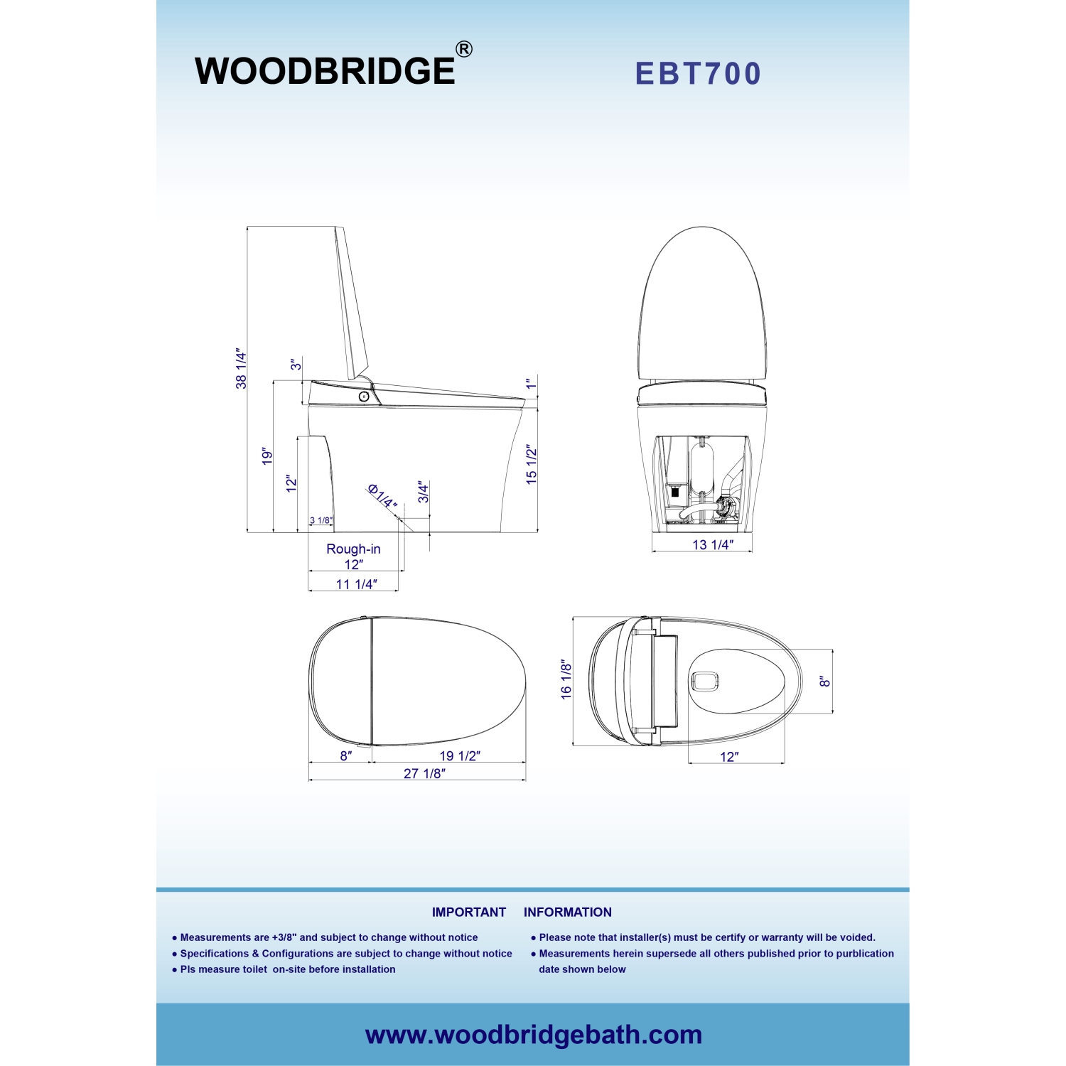 WOODBRIDGE One Piece Elongated Smart Toilet Bidet, Auto Open & Close, Auto Flush, Foot Sensor Operation, Heated Seat with Integrated Multi Function