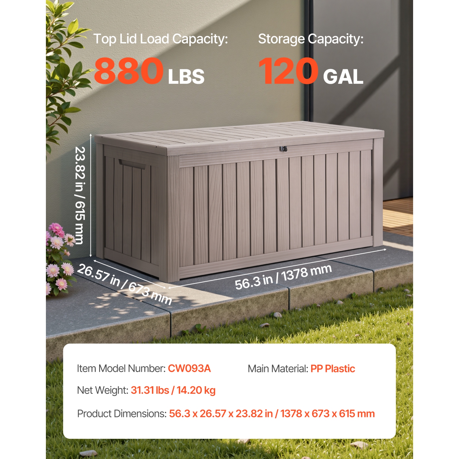 VEVOR 120 Gallon Outdoor Storage Box, Resin Deck Box, Lockable Backyard Toy and Towel Storage Cabinet Waterproof, for Patio Furniture Cushions,