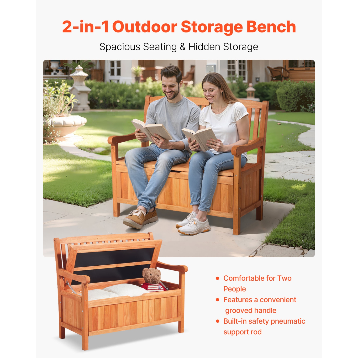 VEVOR 33 Gallons Outdoor Storage Bench,2-Person Wooden Storage Bench, Deck Box with Side Handle,Supports up to 705 lbs, Weatherproof Outdoor Seating