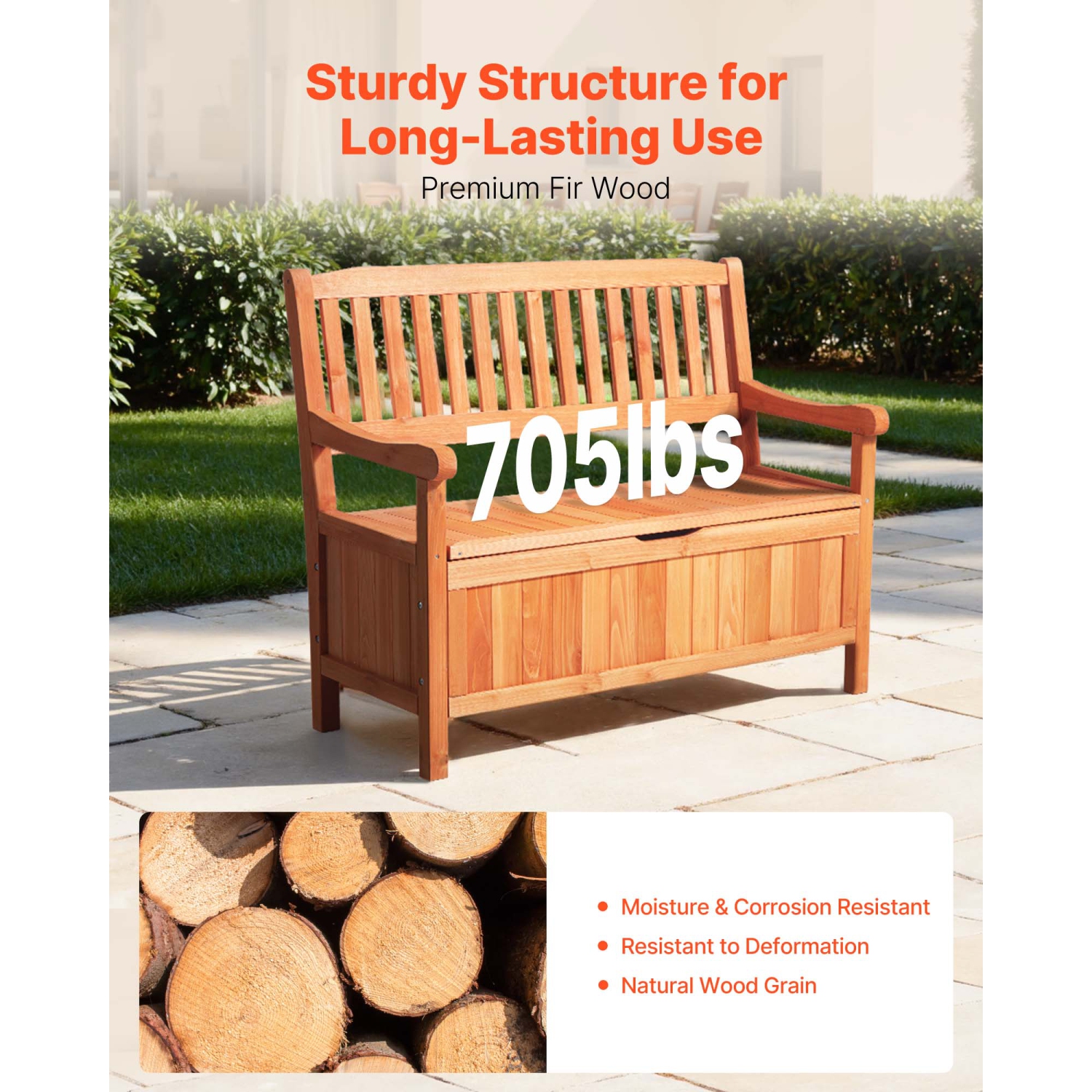 VEVOR 33 Gallons Outdoor Storage Bench,2-Person Wooden Storage Bench, Deck Box with Side Handle,Supports up to 705 lbs, Weatherproof Outdoor Seating