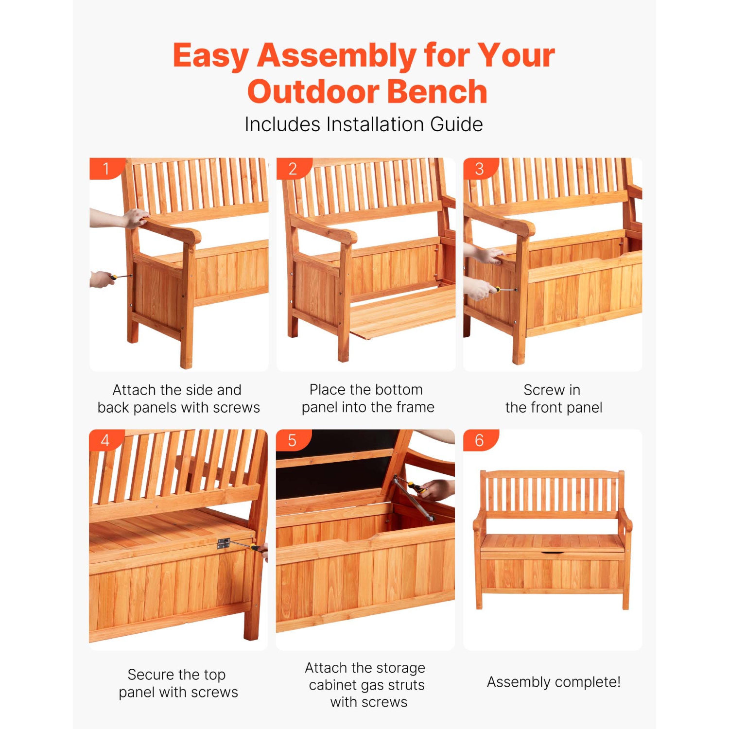 VEVOR 33 Gallons Outdoor Storage Bench,2-Person Wooden Storage Bench, Deck Box with Side Handle,Supports up to 705 lbs, Weatherproof Outdoor Seating