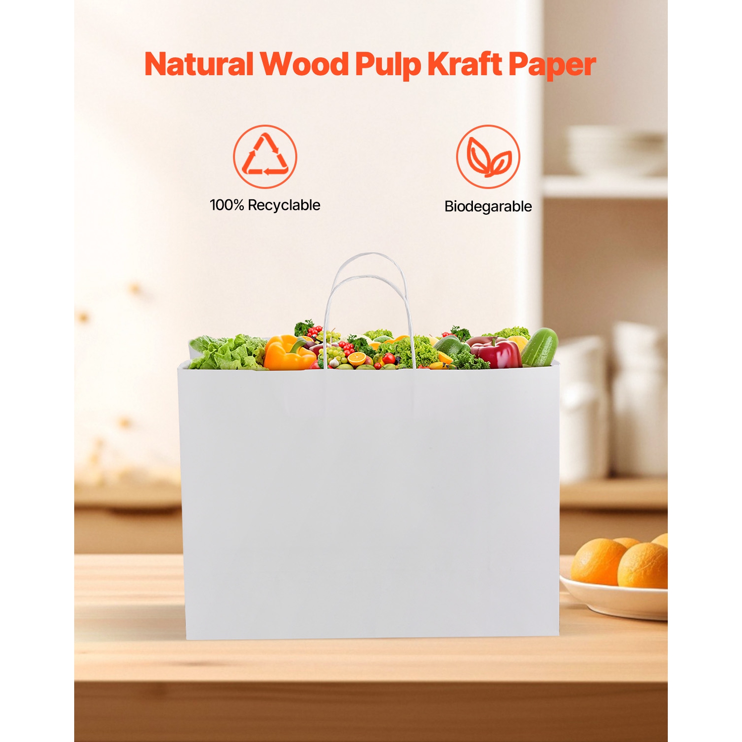 VEVOR 50Pcs Kraft Paper Bags with Handles, 16 x 6 x 12 in, Large Paper Grocery Bags, Reusable & Recycled Take-Out Sacks, Plain Party Bag Bulk for