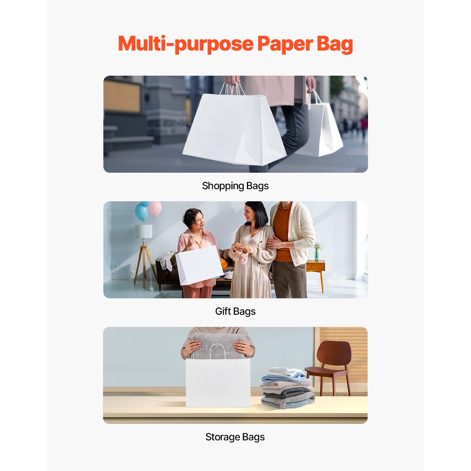 VEVOR 50Pcs Kraft Paper Bags with Handles, 16 x 6 x 12 in, Large Paper Grocery Bags, Reusable & Recycled Take-Out Sacks, Plain Party Bag Bulk for