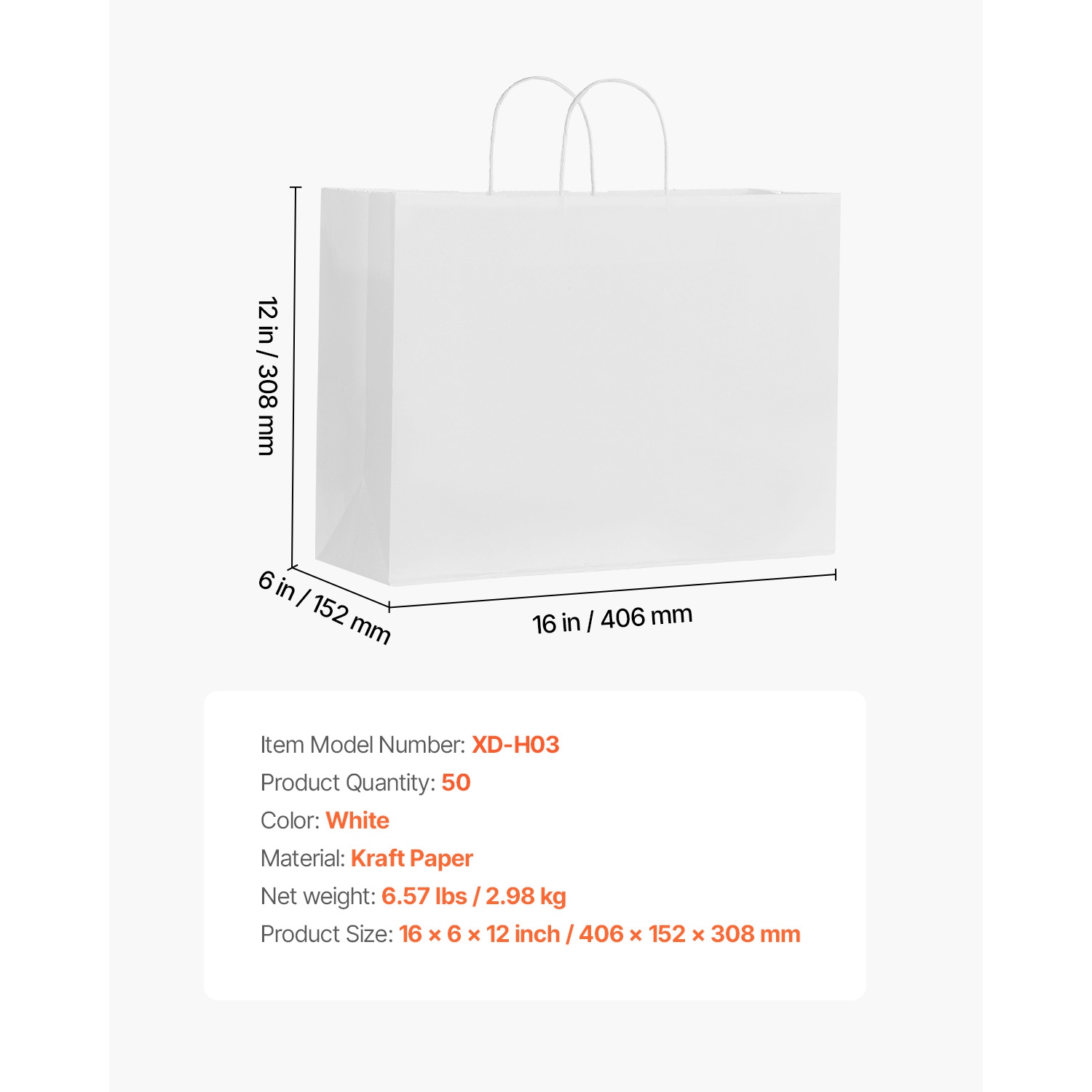 VEVOR 50Pcs Kraft Paper Bags with Handles, 16 x 6 x 12 in, Large Paper Grocery Bags, Reusable & Recycled Take-Out Sacks, Plain Party Bag Bulk for