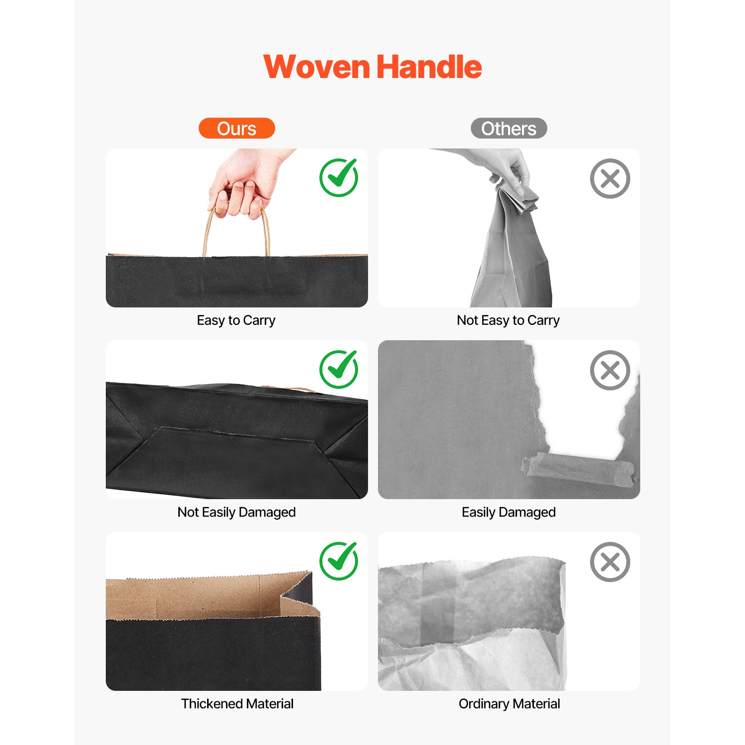 VEVOR 100Pcs Kraft Paper Bags with Handles, 16 x 6 x 12 in, Large Paper Grocery Bags, Reusable & 100% Recycled Take-Out Sacks, Plain Party Bag Bulk