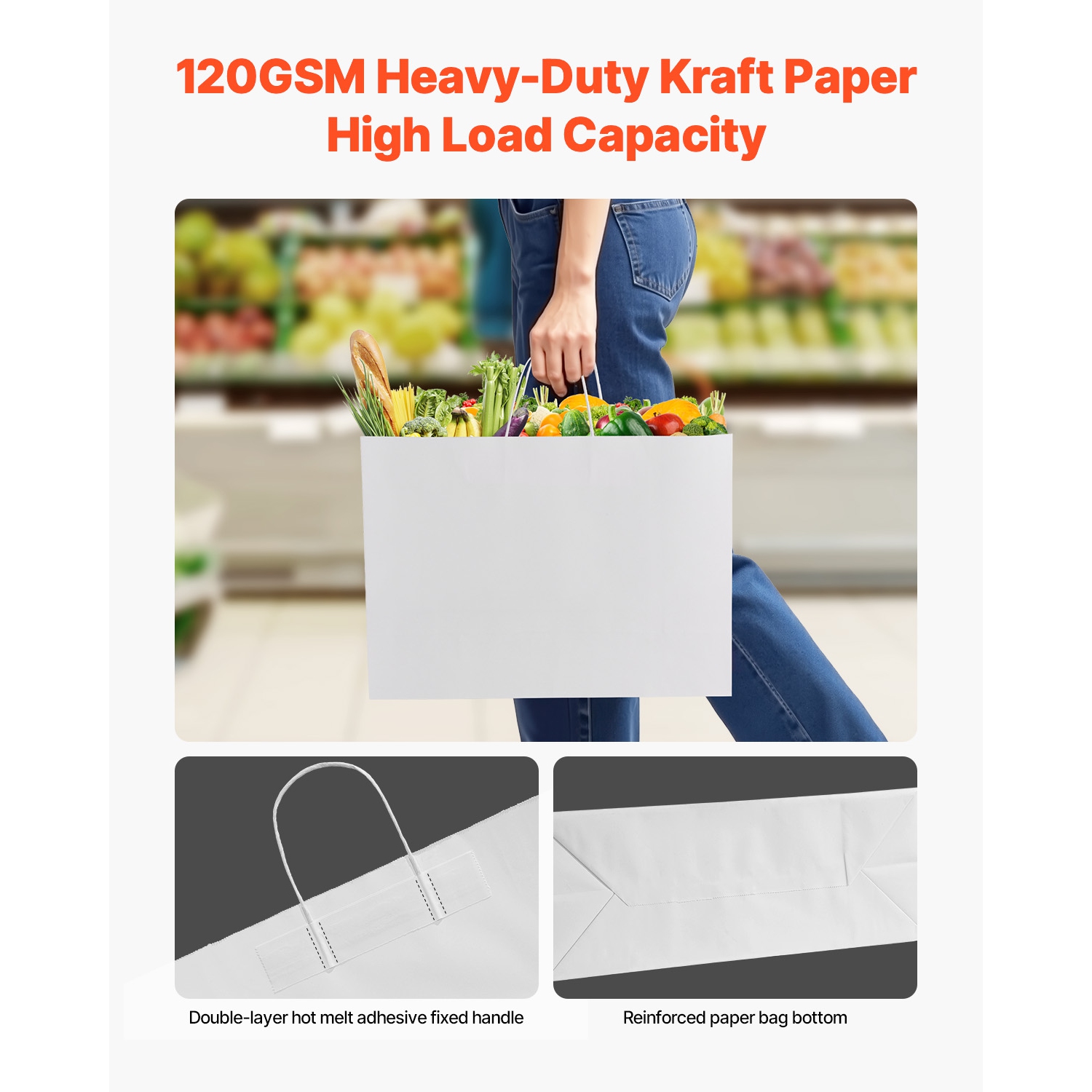 VEVOR 100Pcs Kraft Paper Bags with Handles, 16 x 6 x 12 in, Large Paper Grocery Bags, Reusable & Recycled Take-Out Sacks, Plain Party Bag Bulk for