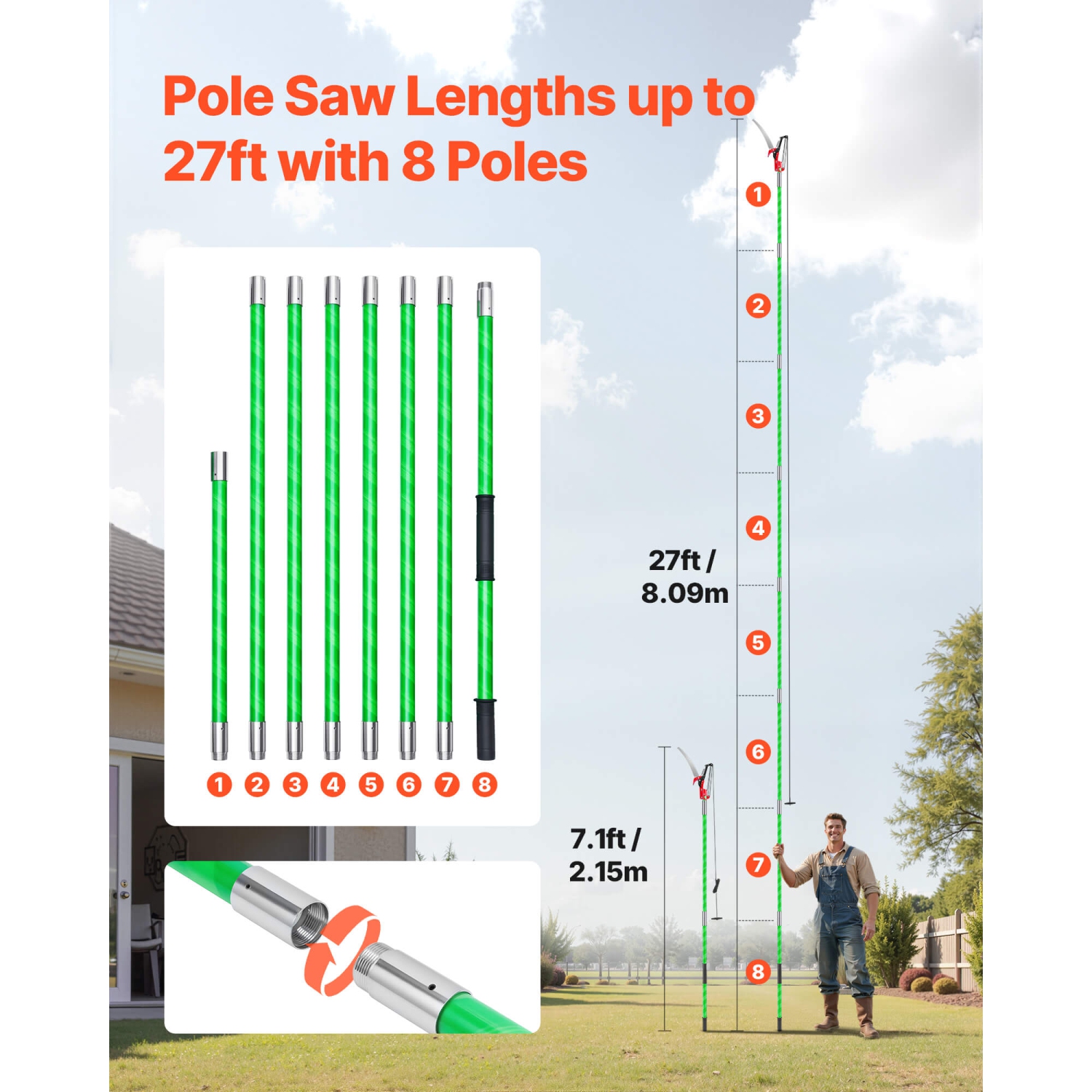 Scie à mât manuelle VEVOR 3,87-27&nbsp;pi, sécateur à tige extensible avec ciseaux, lame en acier tranchante 65Mn, poteau en fibre de verre léger,