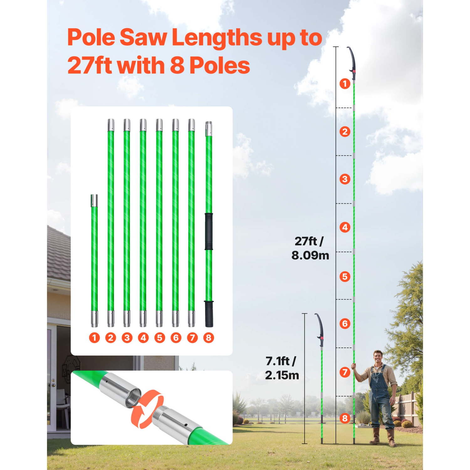 Scie à mât manuelle VEVOR 3,87-27&nbsp;pi, sécateur à mât extensible, lame en acier tranchante de 65 mn, perche en fibre de verre légère, scie à