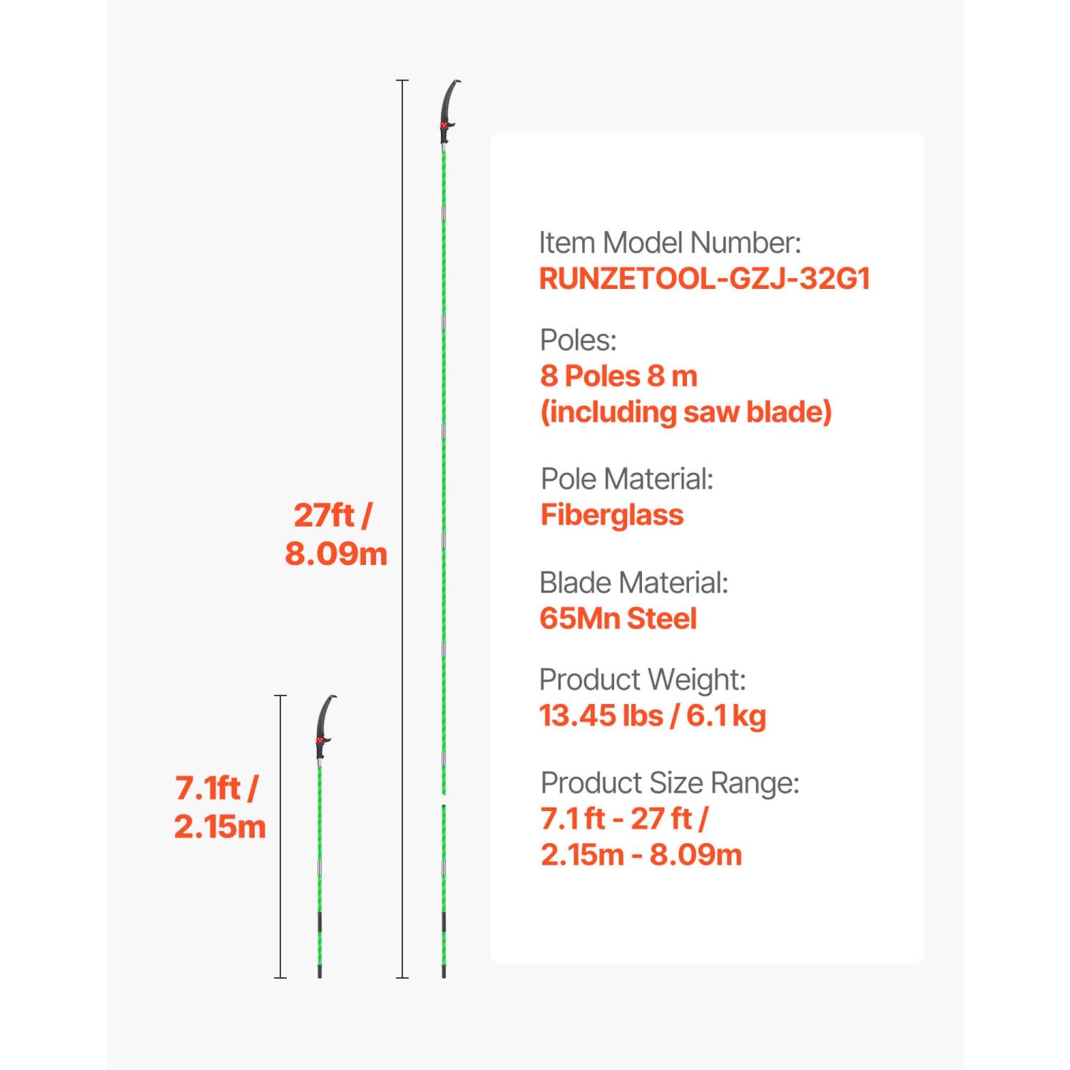 Scie à mât manuelle VEVOR 3,87-27&nbsp;pi, sécateur à mât extensible, lame en acier tranchante de 65 mn, perche en fibre de verre légère, scie à