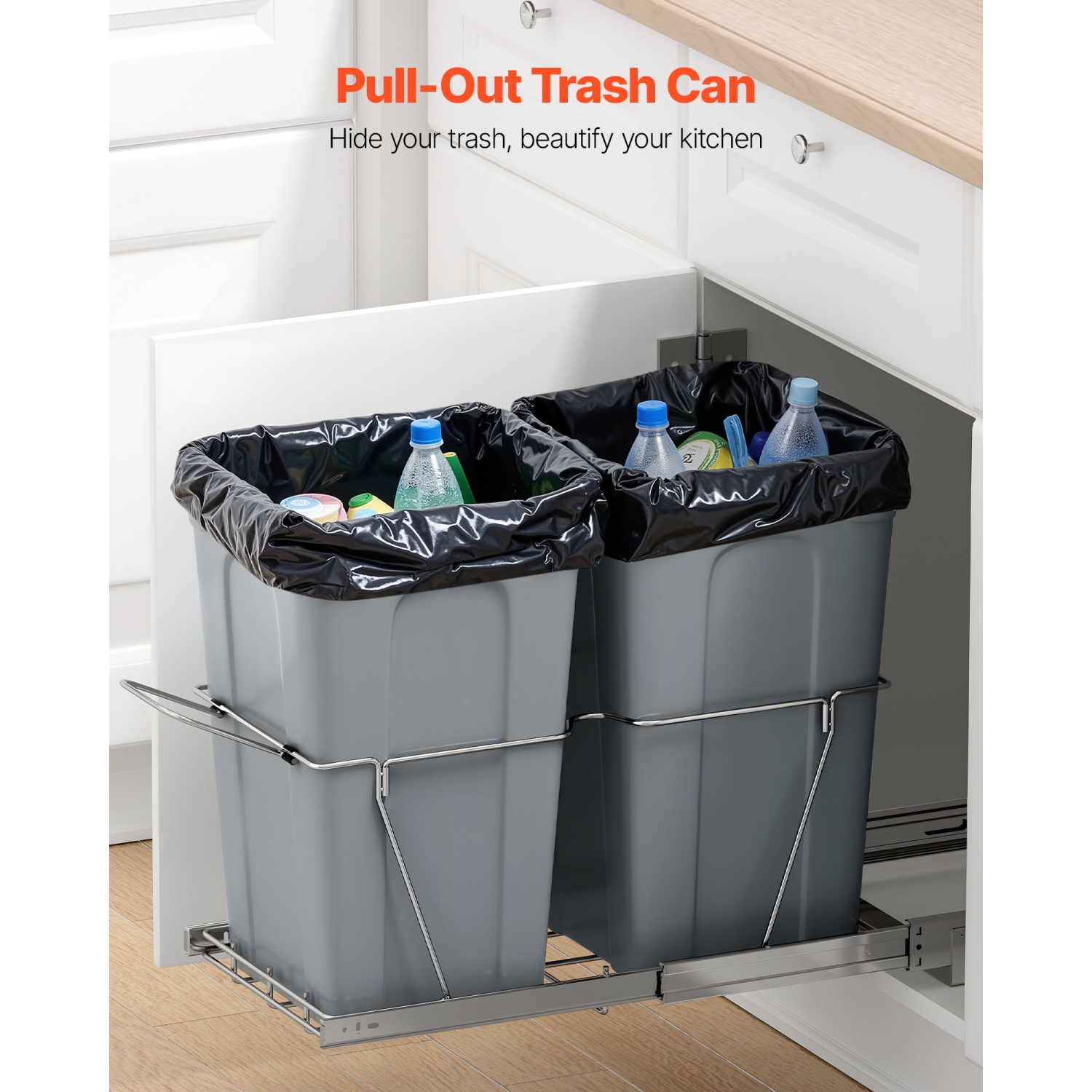 VEVOR 27QTx2 Pullout Trash Can for Kitchen Cabinets, Double Under Sink Garbage Waste Recycling Bin, Under Mount Waste Container, with Heavy Duty