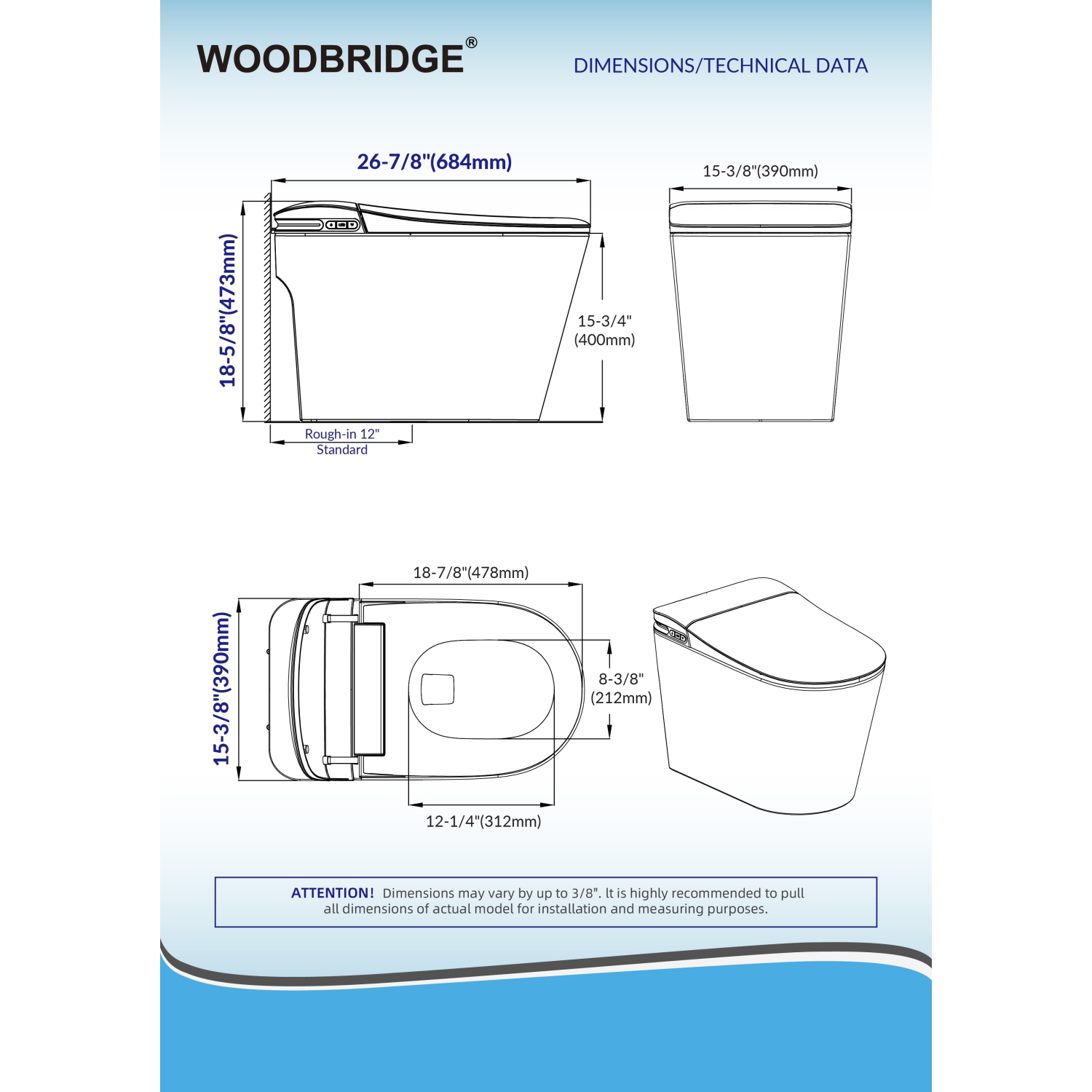 WOODBRIDGE Elongated Smart Bidet Toilet 1.28 GPF in White with Auto Open/Close,Fragrance System,UV-Sterilized Nozzle,Multi-Function Wash&Warm Air Dry