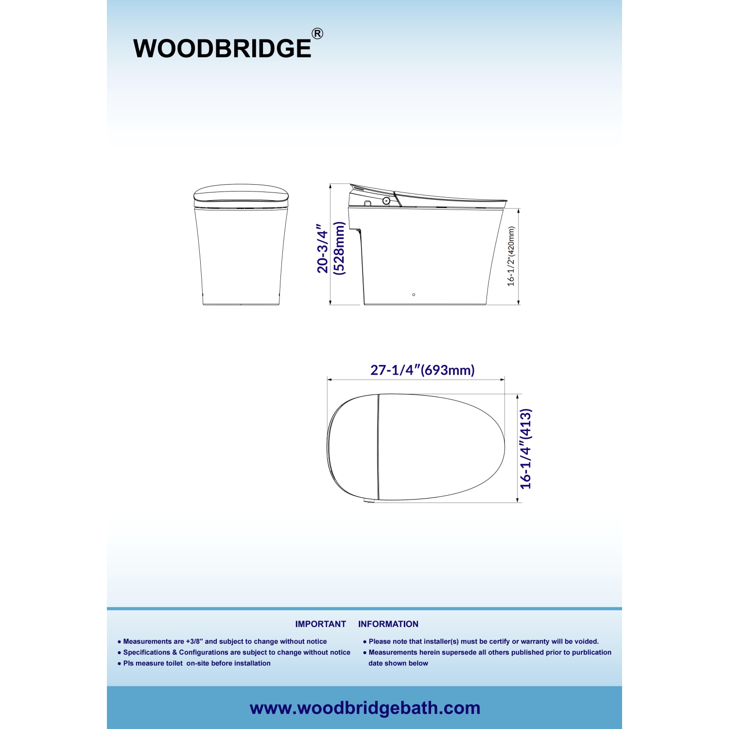 WOODBRIDGE Smart Bidet Toilet Auto Open & Close, Auto Flush, Foot Sensor, Cleaning Foam Dispenser, Heated Seat and ADA Chair Height Design