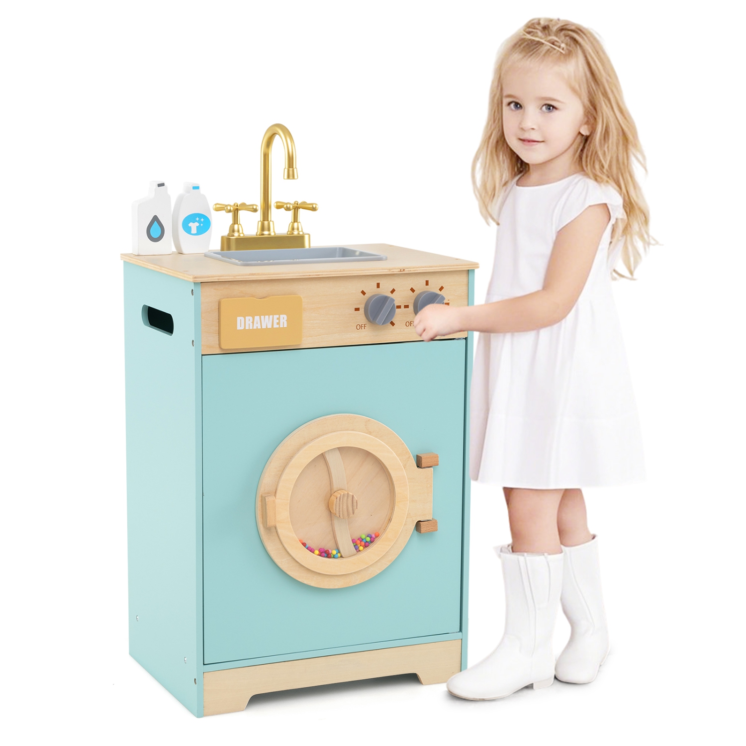 Gymax Kids Washer Playset w/ Laundry Detergent & Hand Sanitizer Rotating Wheel