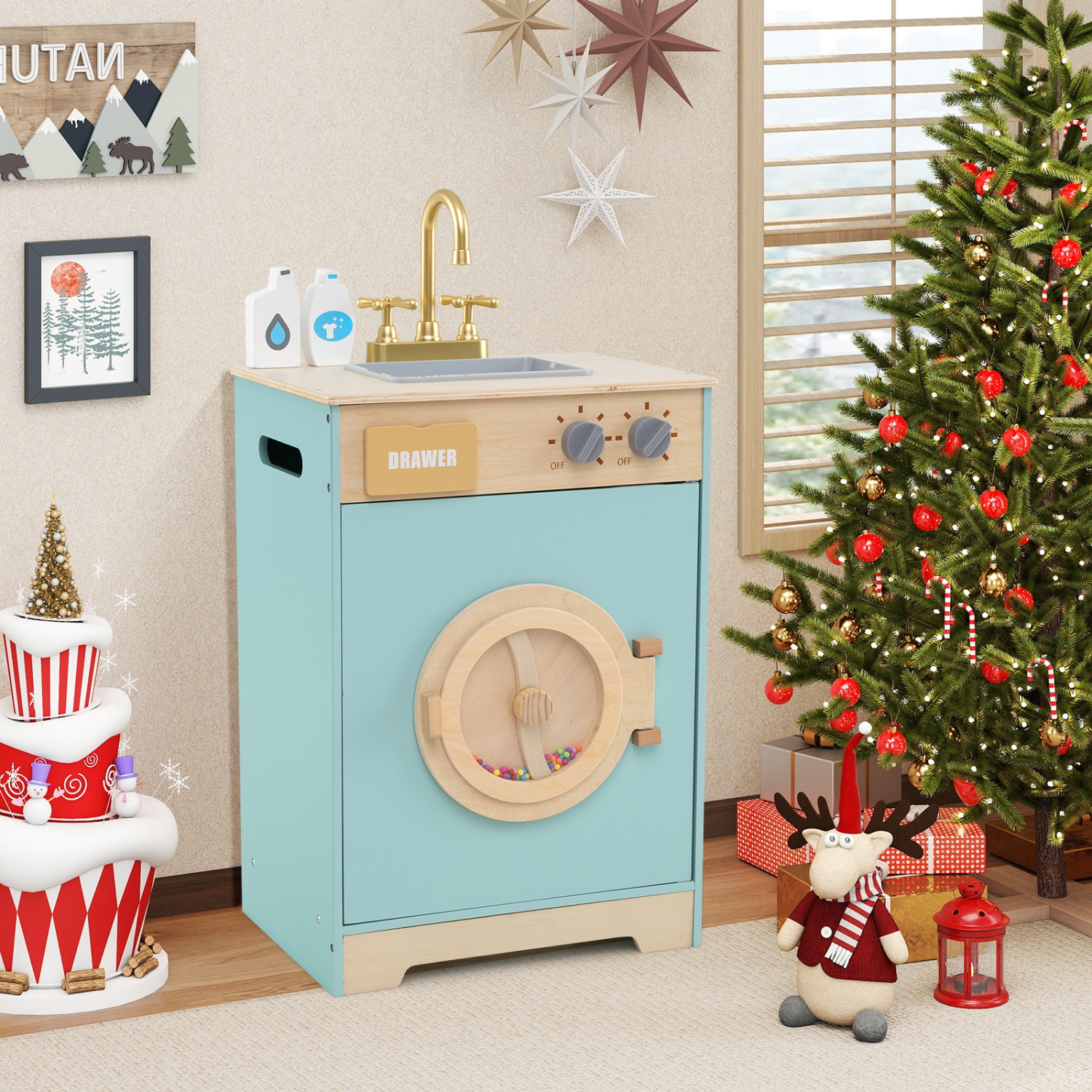 Gymax Kids Washer Playset w/ Laundry Detergent & Hand Sanitizer Rotating Wheel