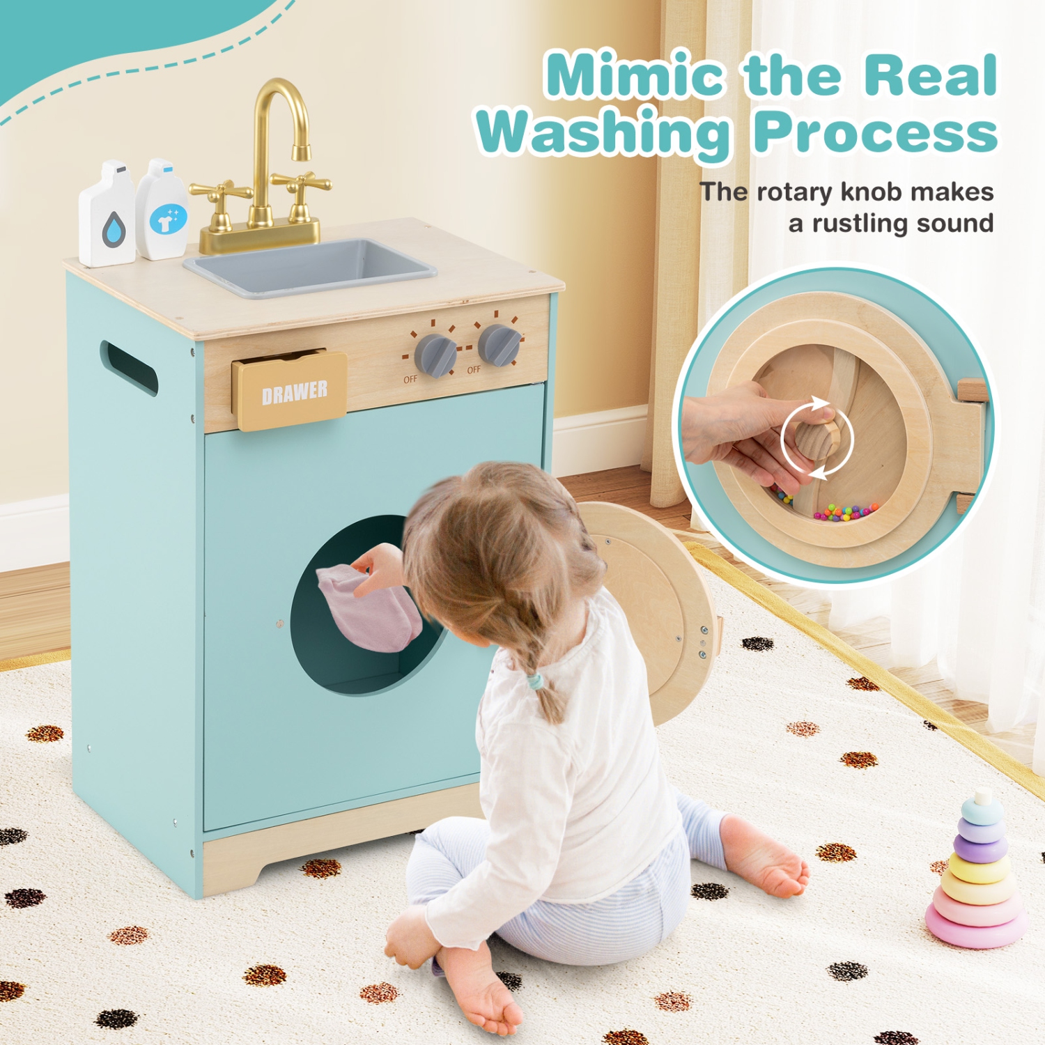 Gymax Kids Washer Playset w/ Laundry Detergent & Hand Sanitizer Rotating Wheel
