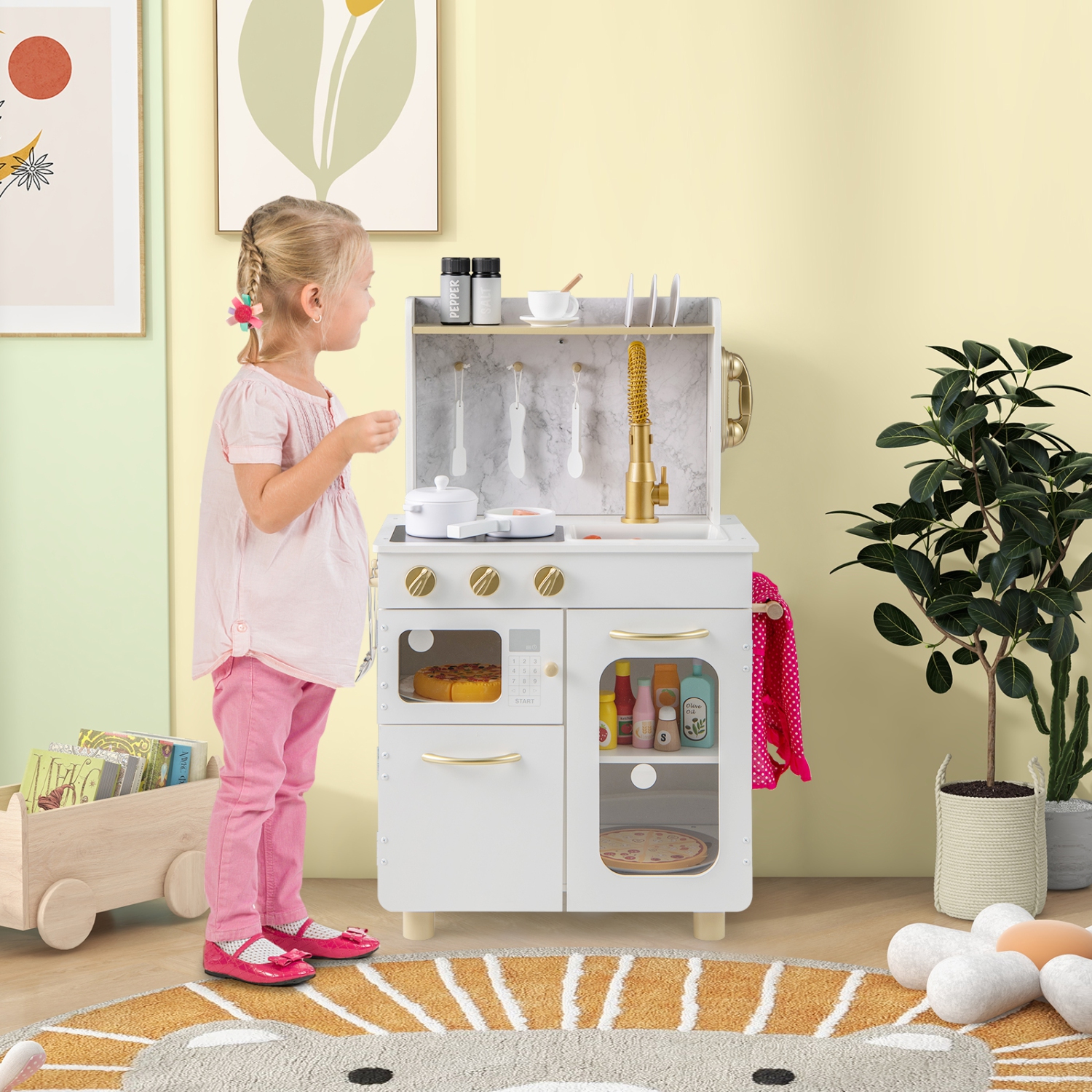 Gymax Kids Kitchen Set Pretend Play Kitchen w/ Stoves & Faucet & Sink & Telephone