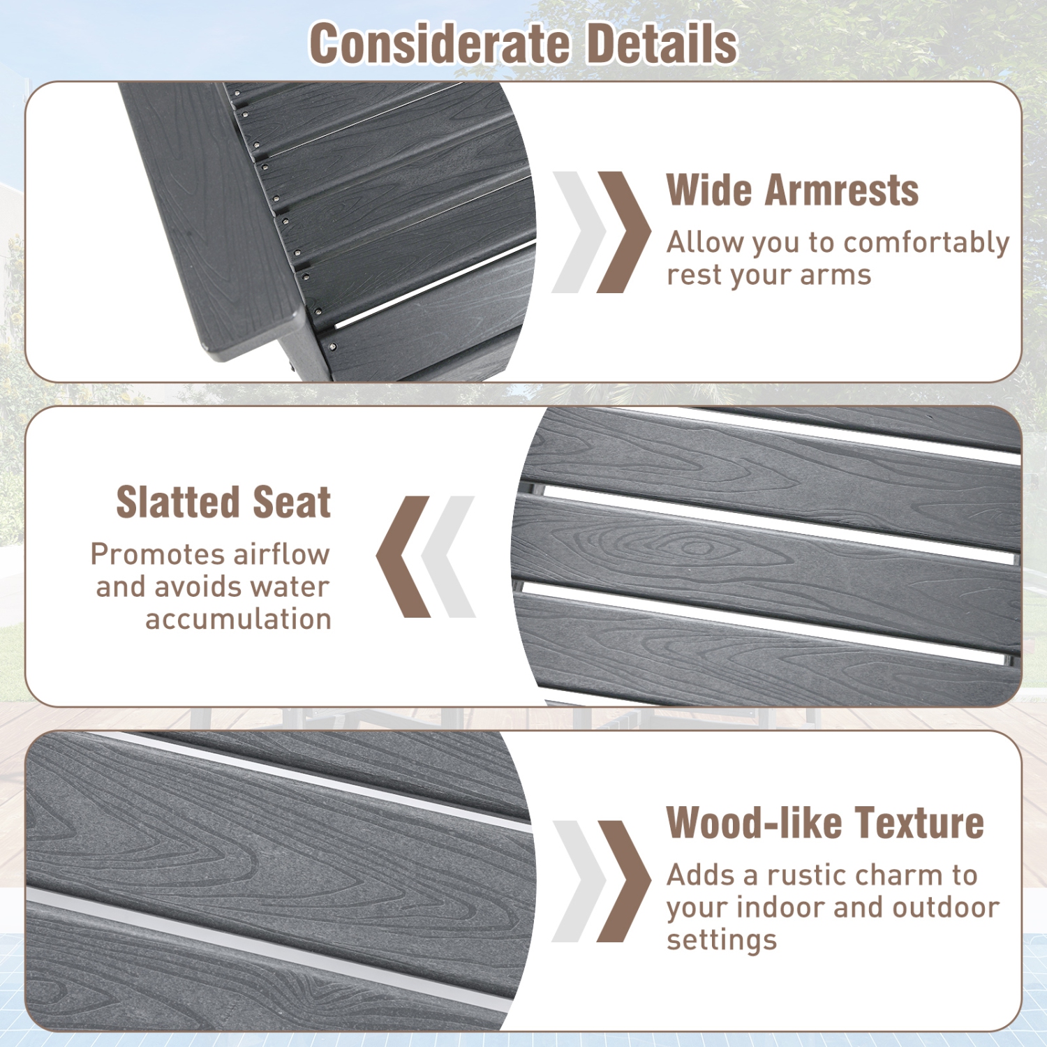 Gymax Patio Dining Chairs Set of 2 w/Wide Armrests Curved Seat Wood Grain for Backyard