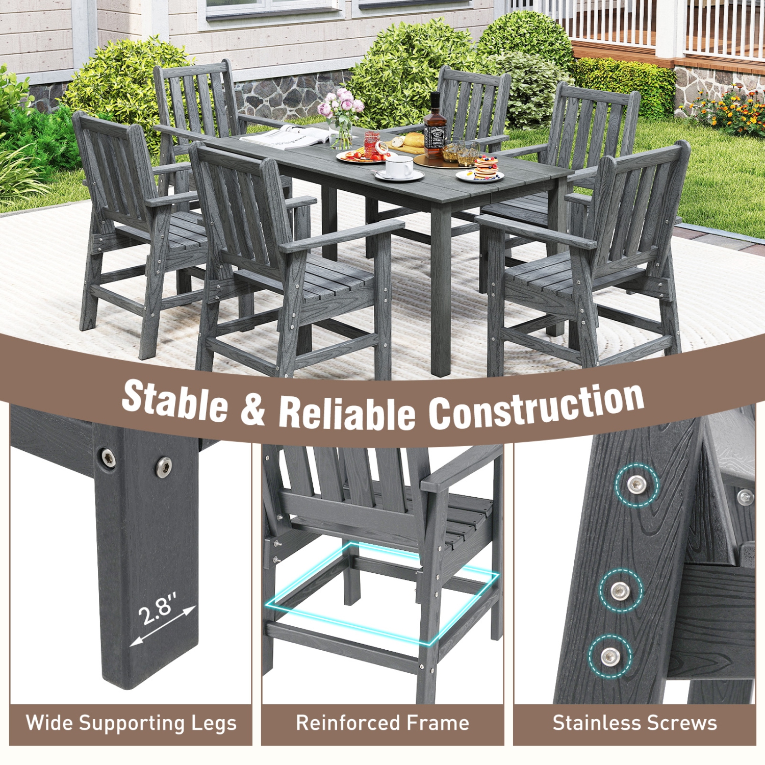 Gymax Patio Dining Chairs Set of 2 w/Wide Armrests Curved Seat Wood Grain for Backyard