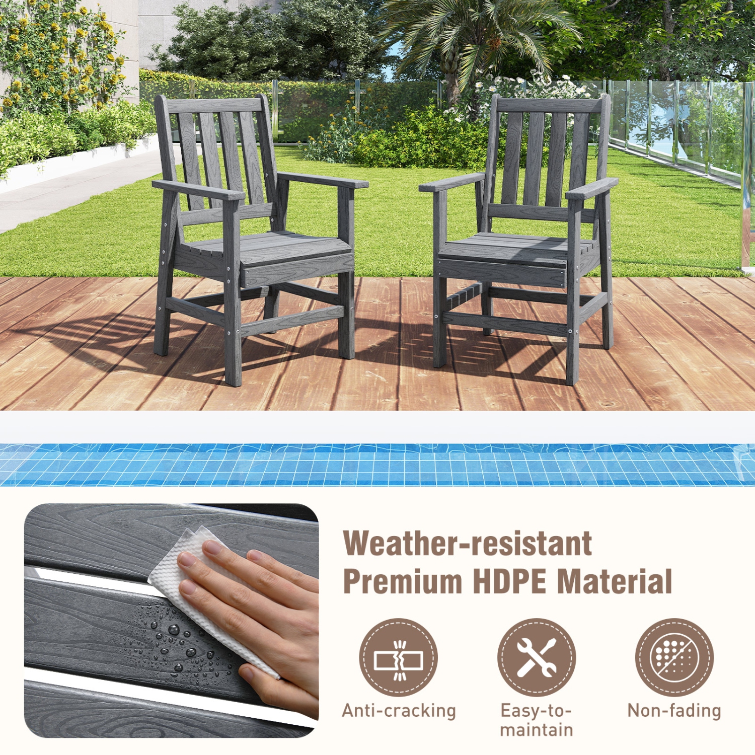 Gymax Patio Dining Chairs Set of 2 w/Wide Armrests Curved Seat Wood Grain for Backyard