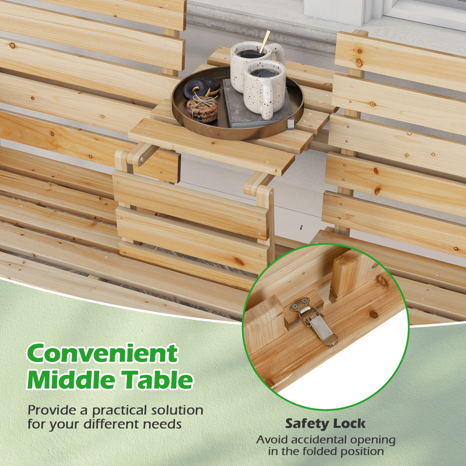 Gymax Outdoor Fir Wood Bench w/ Foldable Middle Table w/ Backrest & Armrests