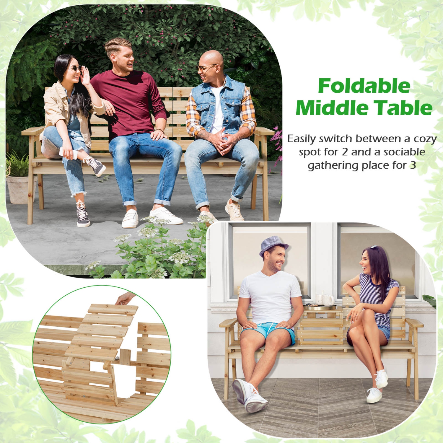 Gymax Outdoor Fir Wood Bench w/ Foldable Middle Table w/ Backrest & Armrests
