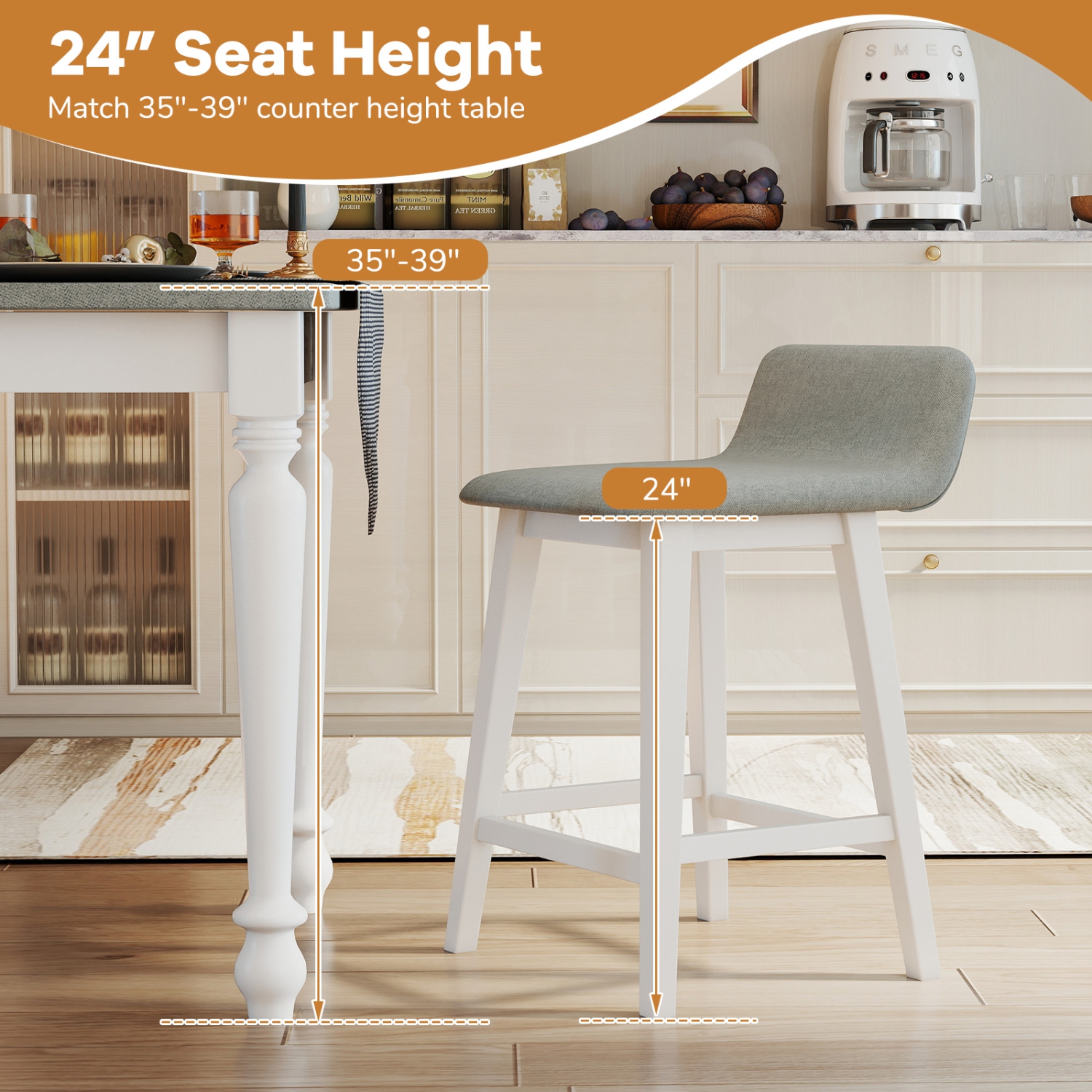 Gymax 24'' Upholstered Barstools w/ Low Back Footrest & Wood Legs for Kitchen Island