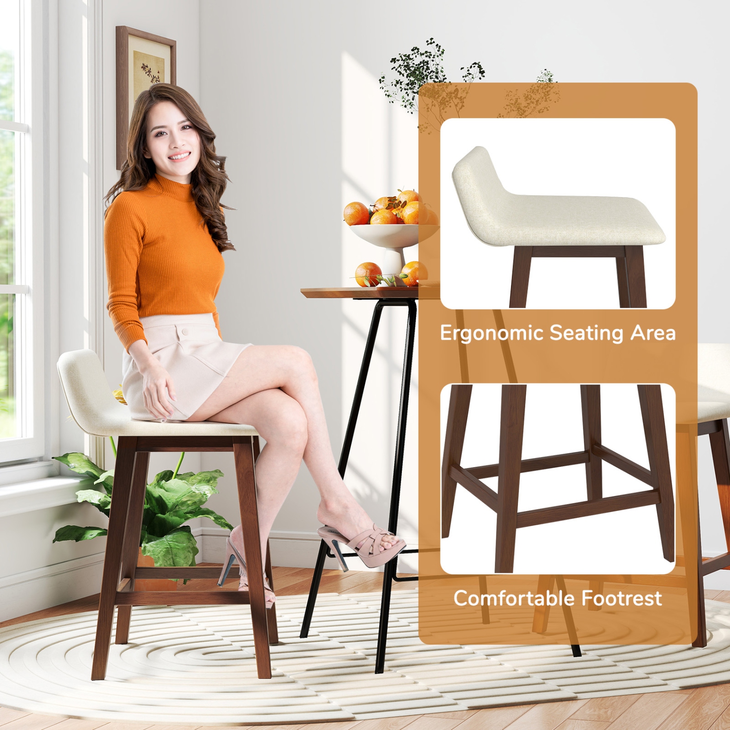 Gymax 2PCS 24'' Upholstered Barstools w/ Low Back Footrest Wood Legs for Kitchen Island