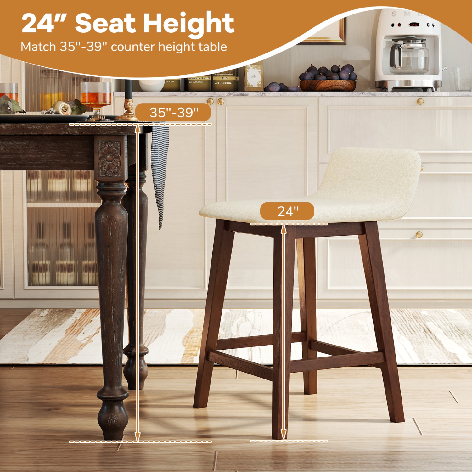 Gymax 2PCS 24'' Upholstered Barstools w/ Low Back Footrest Wood Legs for Kitchen Island