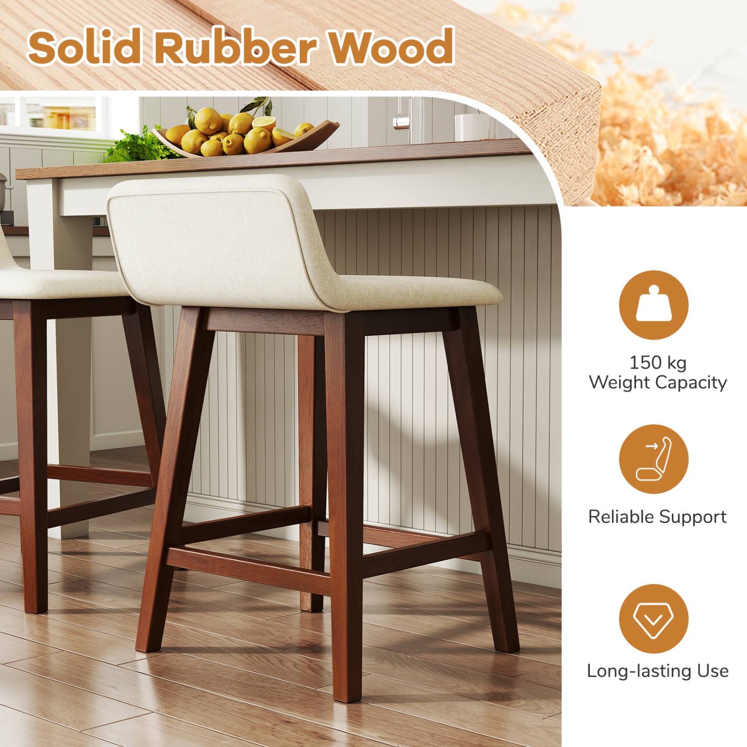 Gymax 2PCS 24'' Upholstered Barstools w/ Low Back Footrest Wood Legs for Kitchen Island