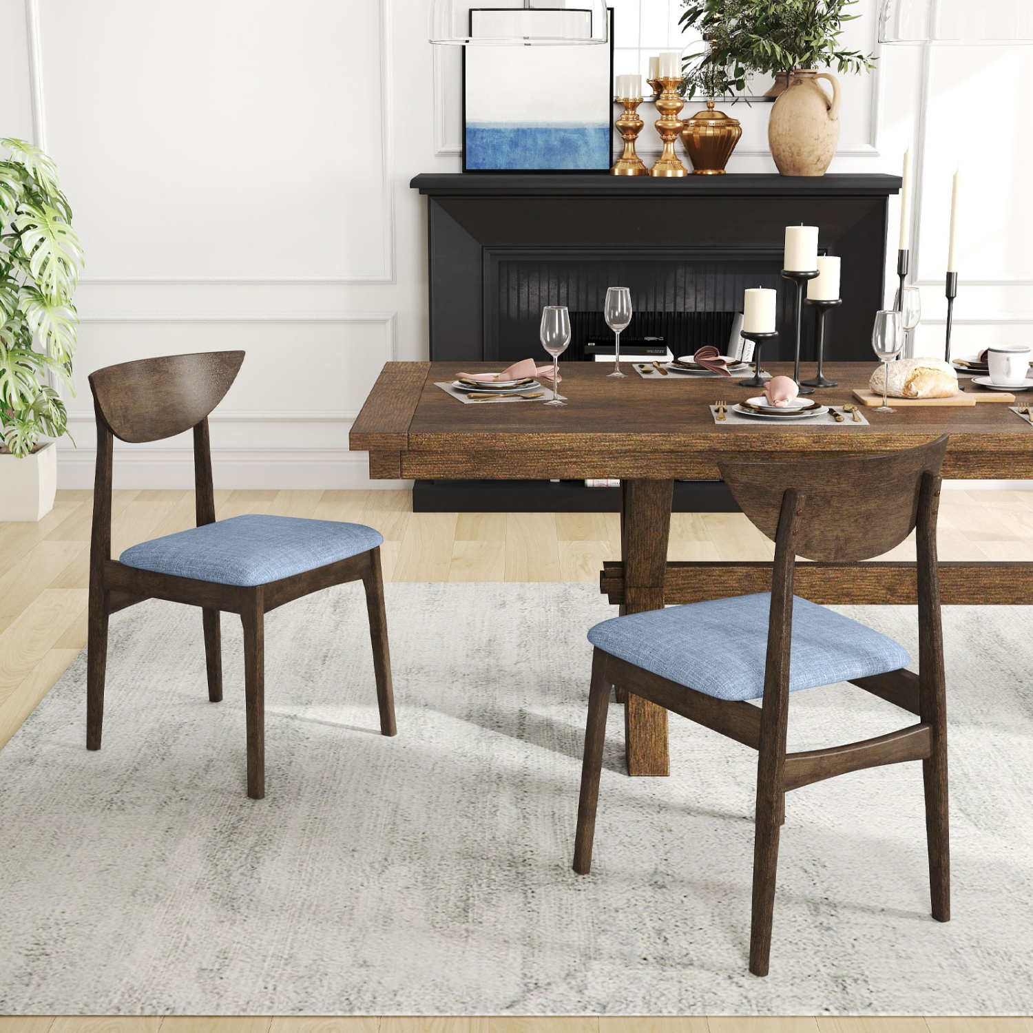 Gymax 2PCS Wooden Dining Chair Linen Fabric Upholstered Kitchen Chairs w/ Padded Seat