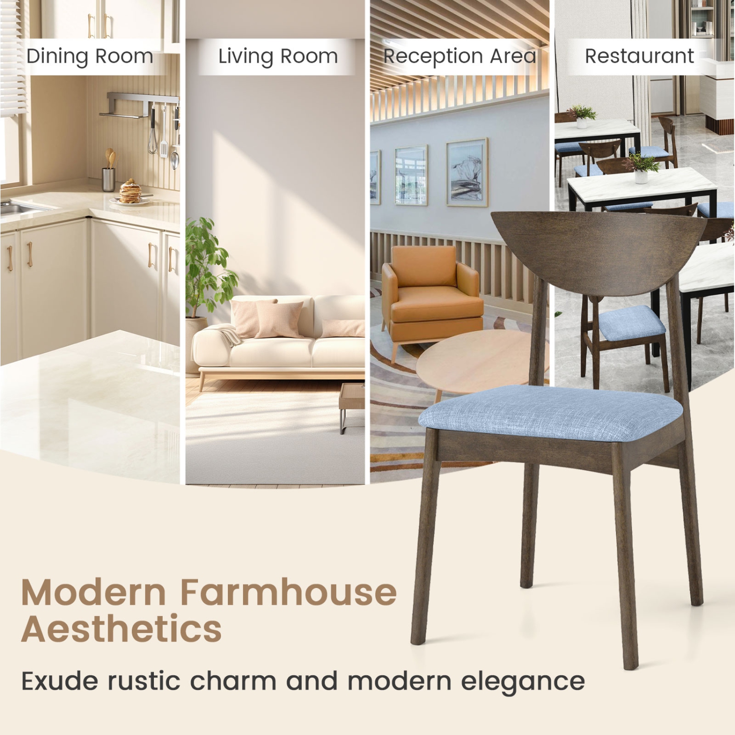 Gymax 2PCS Wooden Dining Chair Linen Fabric Upholstered Kitchen Chairs w/ Padded Seat