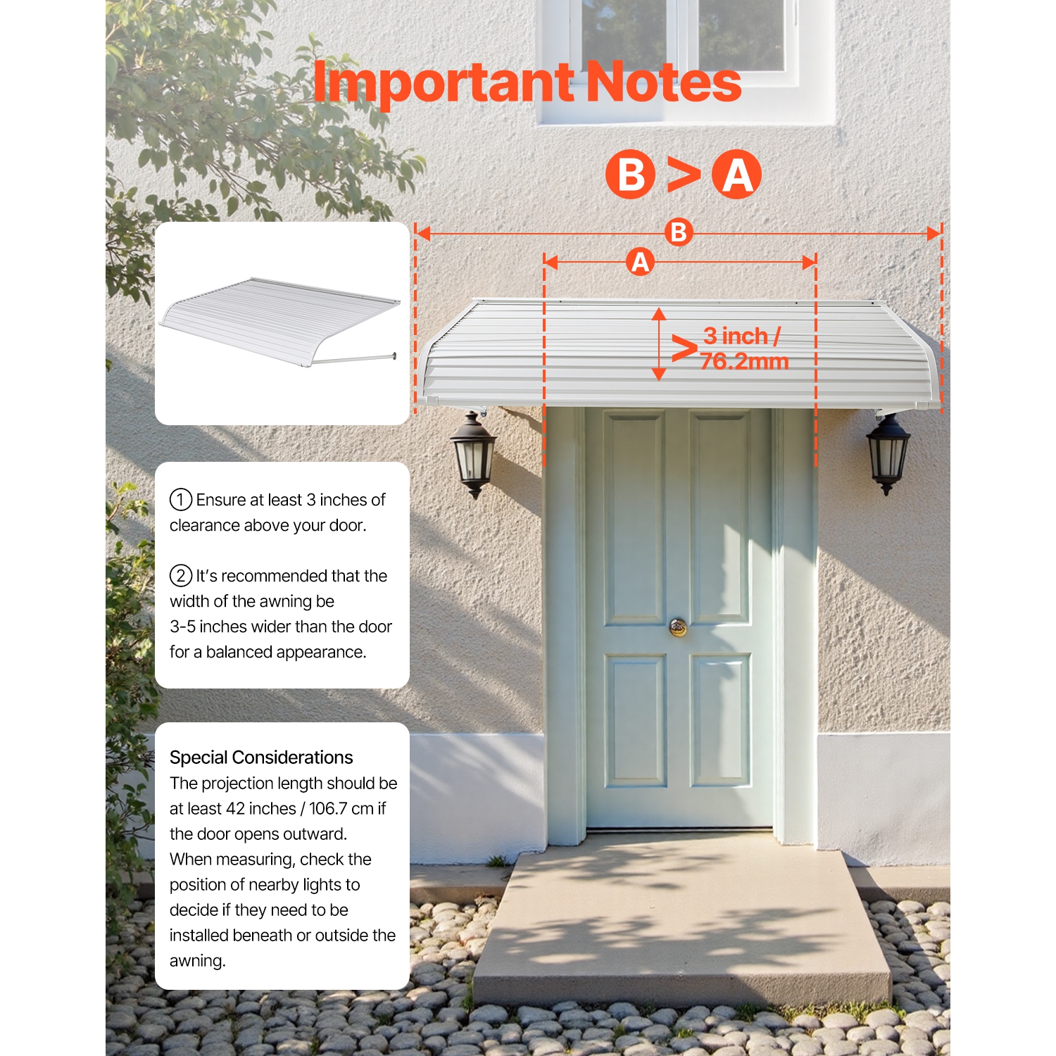 Auvent en aluminium VEVOR de 60 x 42&nbsp;po, auvent de porte durable, auvents en aluminium léger et stable pour portes Extérieur Protection contre